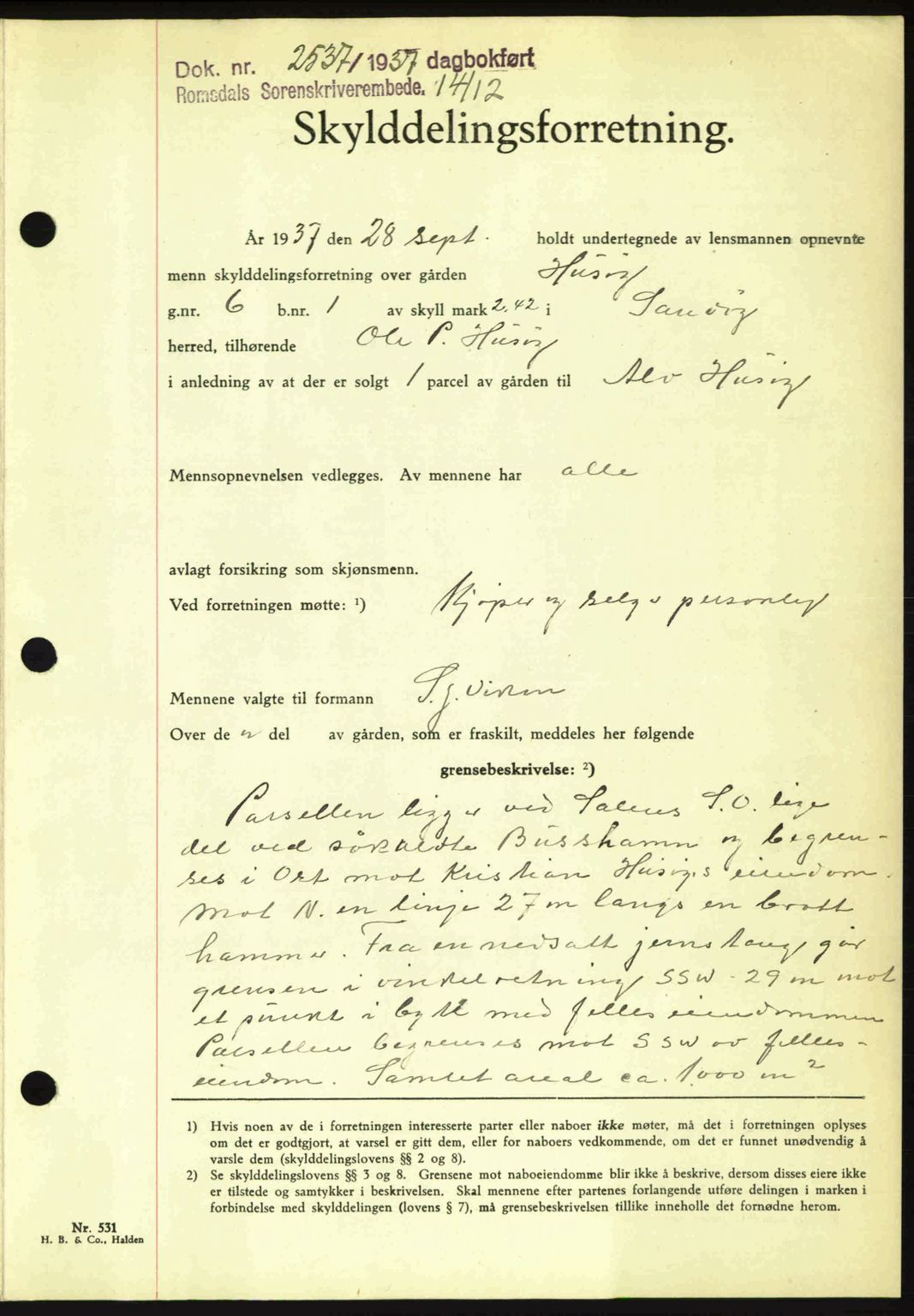 Romsdal sorenskriveri, AV/SAT-A-4149/1/2/2C: Mortgage book no. A4, 1937-1938, Diary no: : 2537/1937