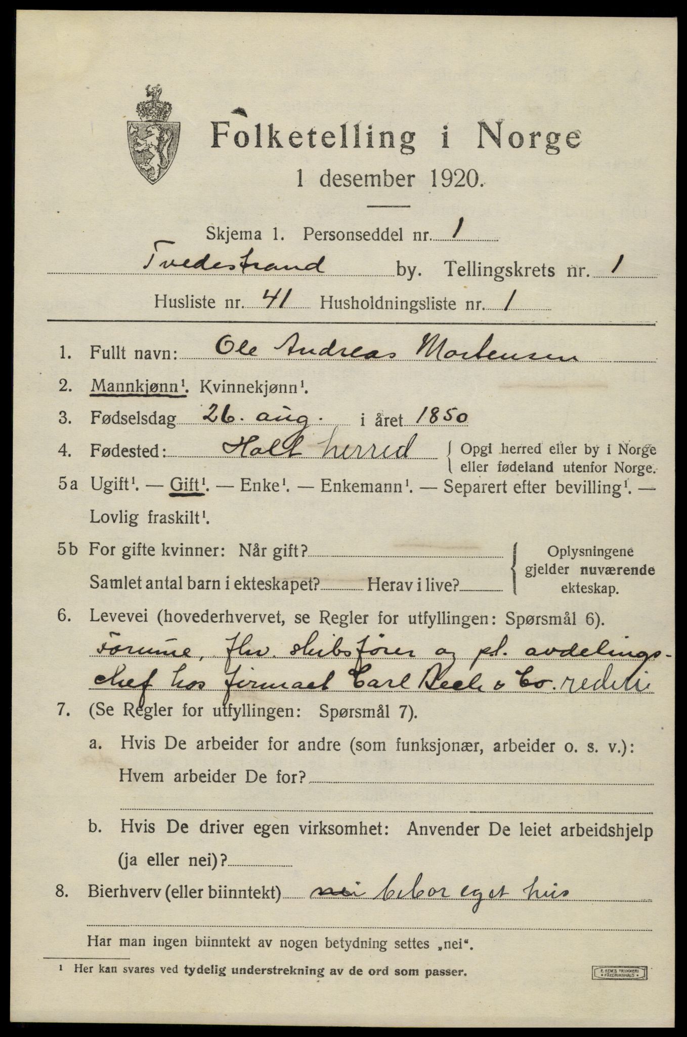 SAK, 1920 census for Tvedestrand, 1920, p. 1731