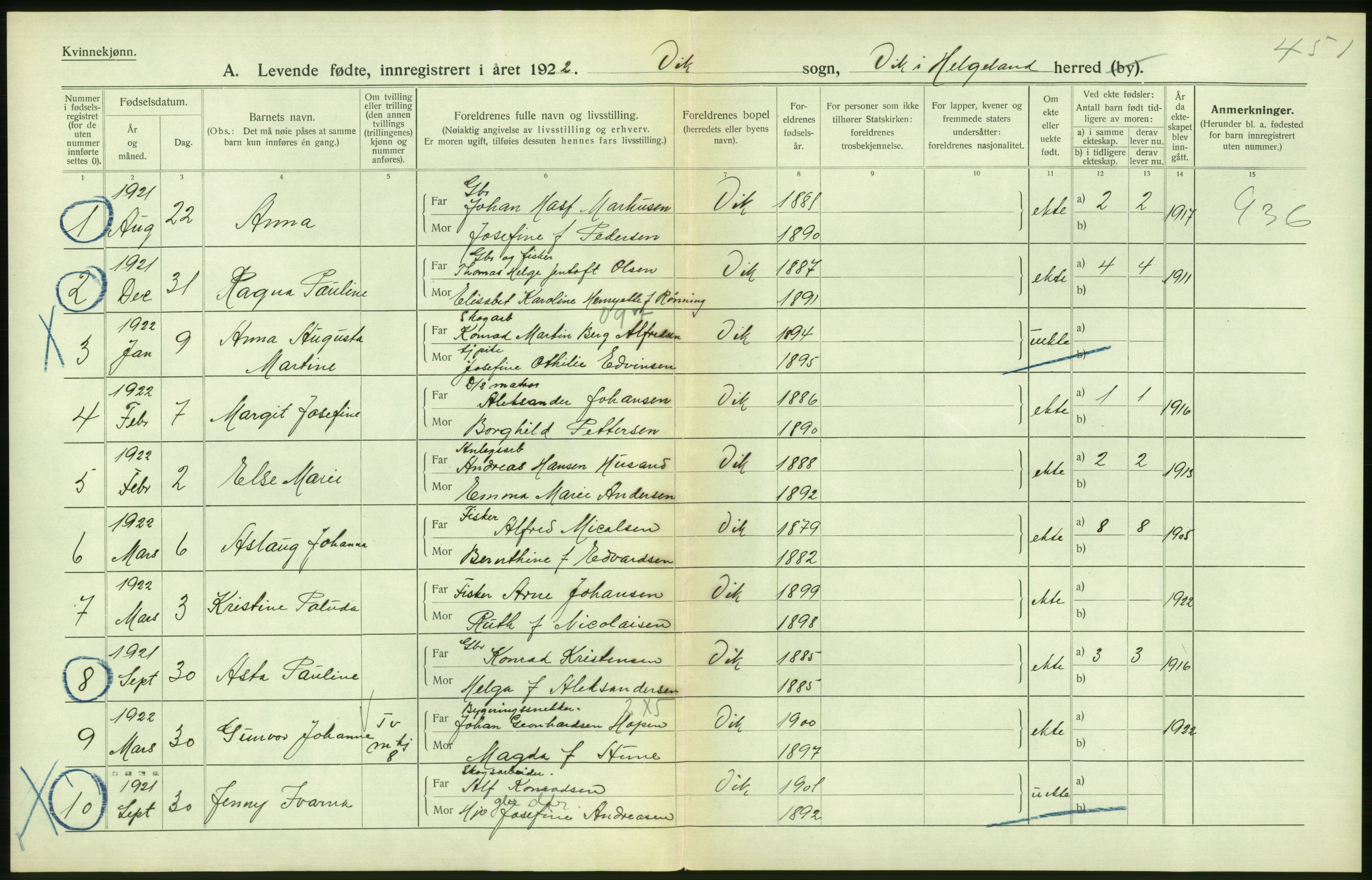 Statistisk sentralbyrå, Sosiodemografiske emner, Befolkning, AV/RA-S-2228/D/Df/Dfc/Dfcb/L0044: Nordland fylke: Levendefødte menn og kvinner. Bygder og byer., 1922, p. 508