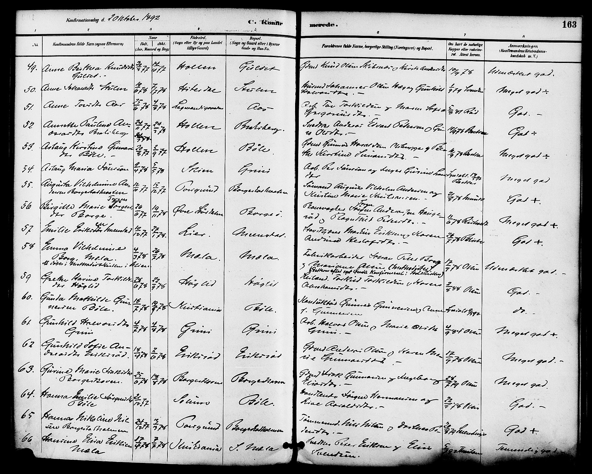 Gjerpen kirkebøker, AV/SAKO-A-265/F/Fa/L0010: Parish register (official) no. I 10, 1886-1895, p. 163