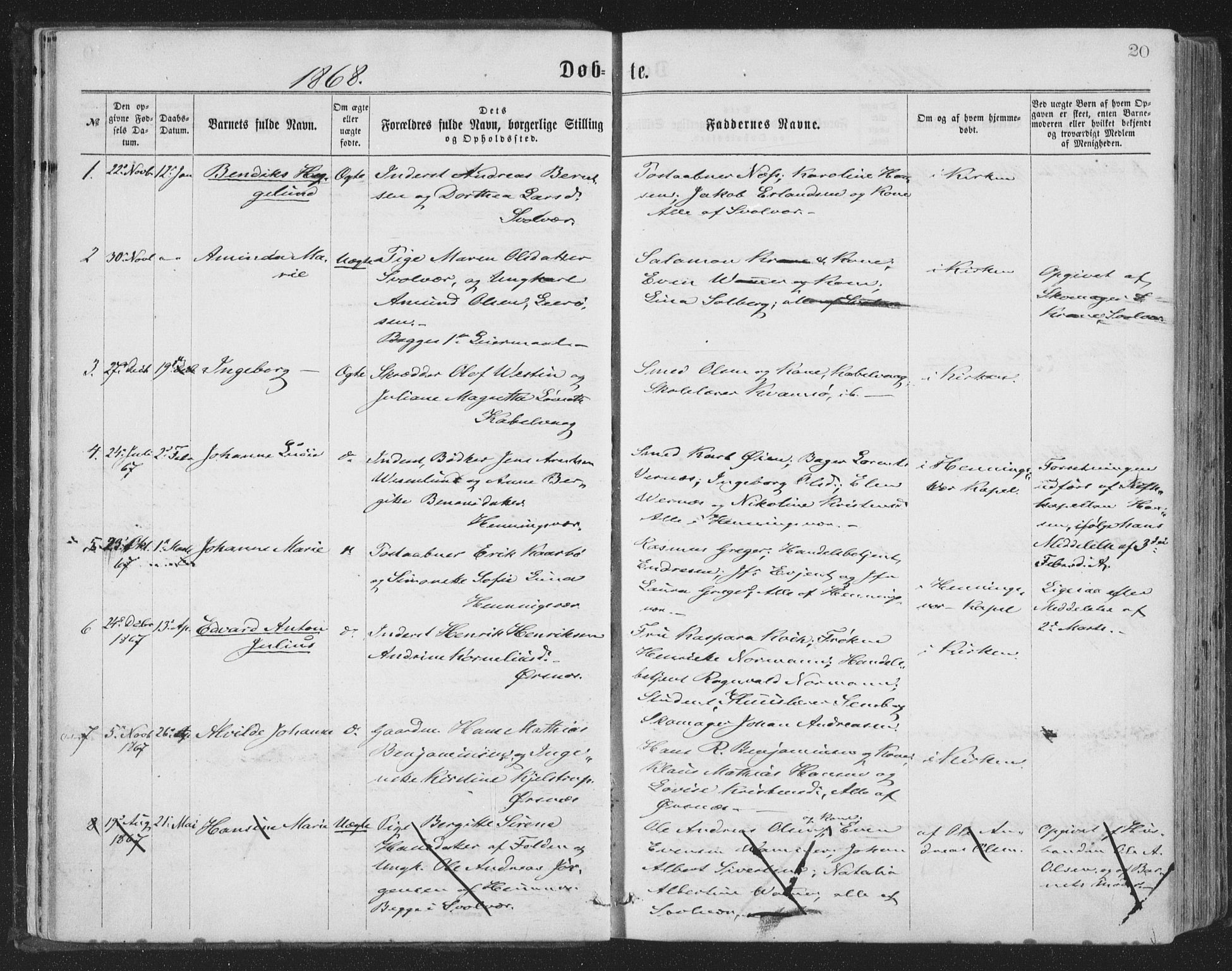 Ministerialprotokoller, klokkerbøker og fødselsregistre - Nordland, SAT/A-1459/874/L1057: Parish register (official) no. 874A01, 1866-1877, p. 20