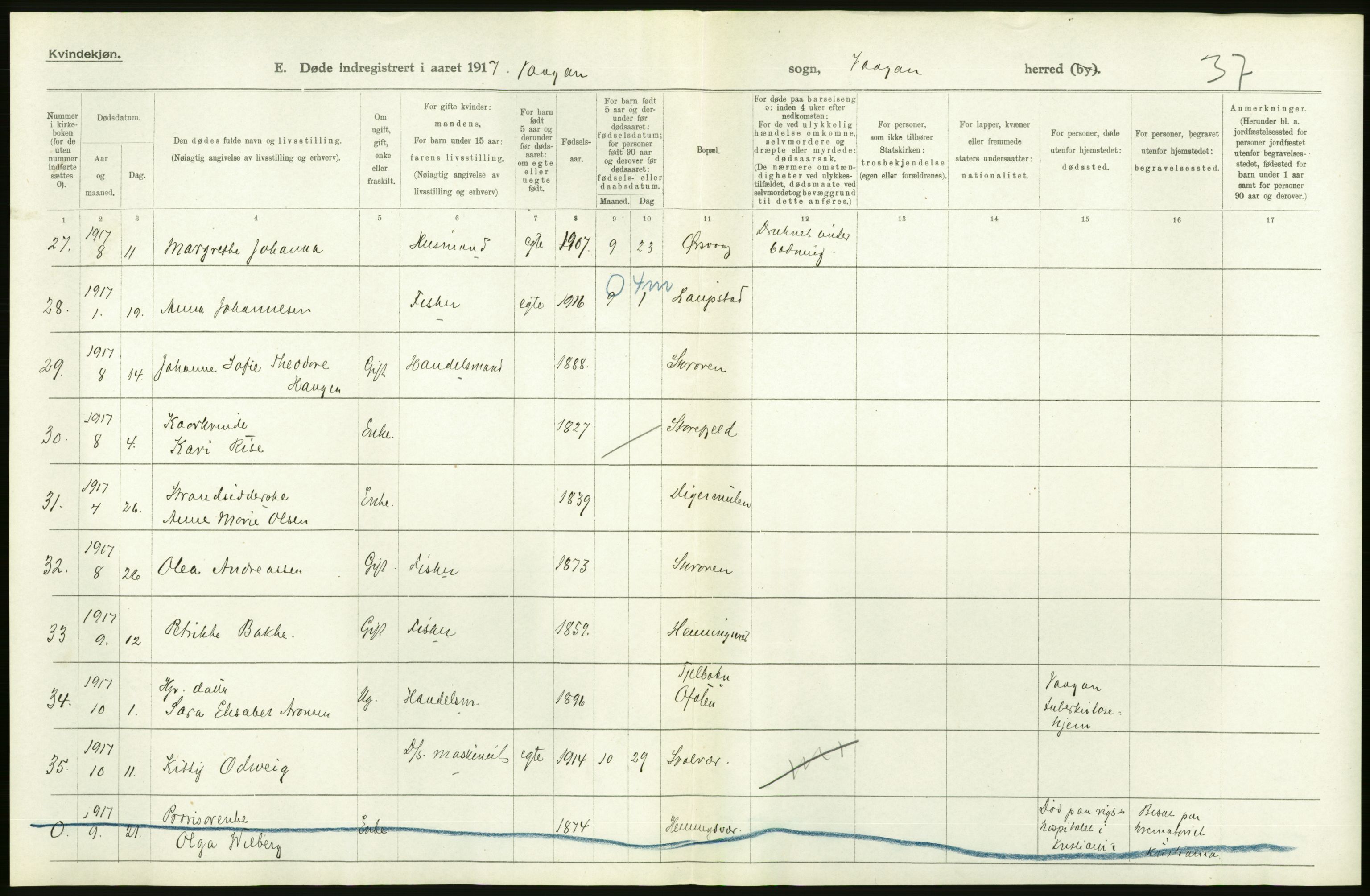 Statistisk sentralbyrå, Sosiodemografiske emner, Befolkning, AV/RA-S-2228/D/Df/Dfb/Dfbg/L0052: Nordlands amt: Døde. Bygder og byer., 1917, p. 38