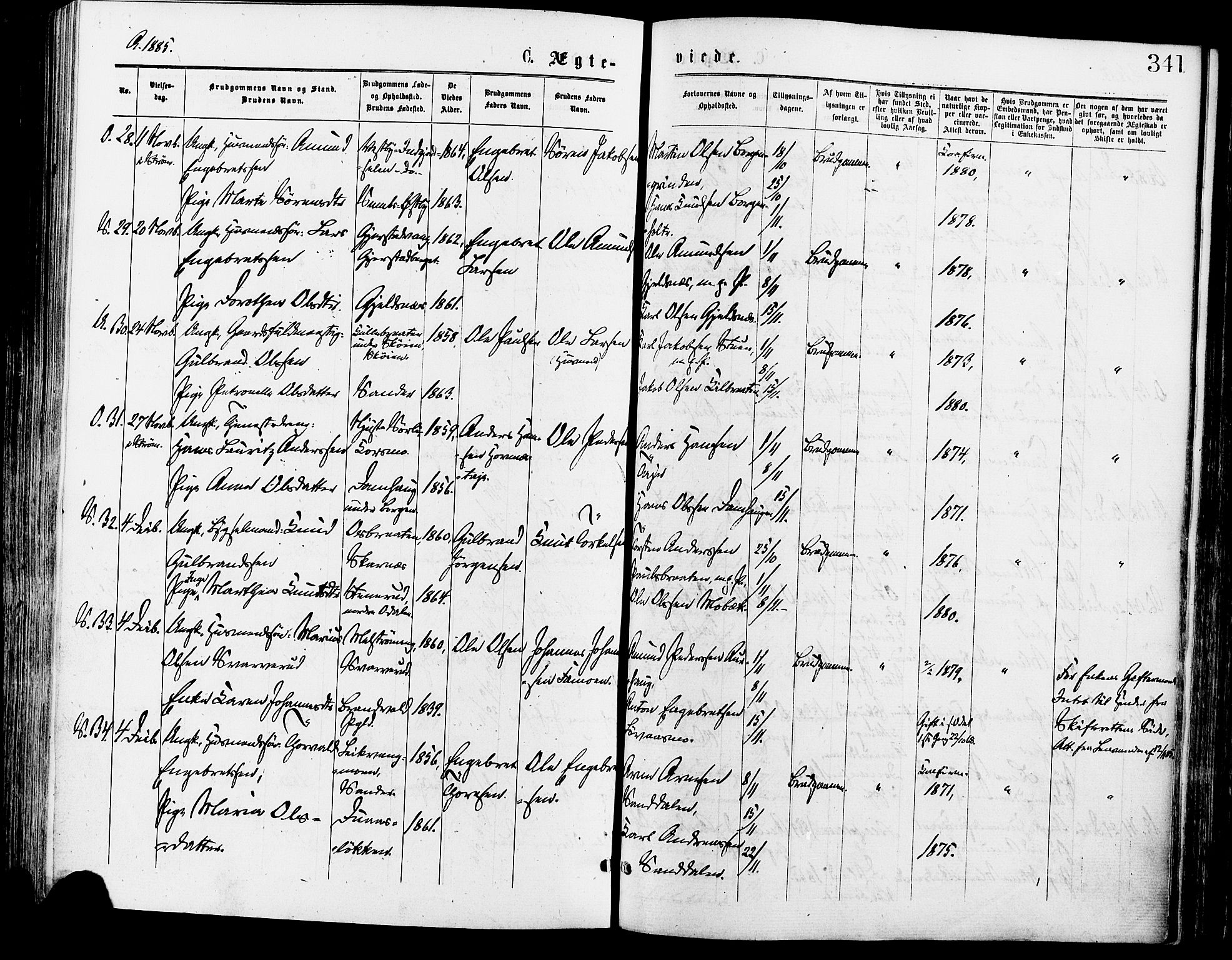 Sør-Odal prestekontor, AV/SAH-PREST-030/H/Ha/Haa/L0005: Parish register (official) no. 5, 1876-1885, p. 341