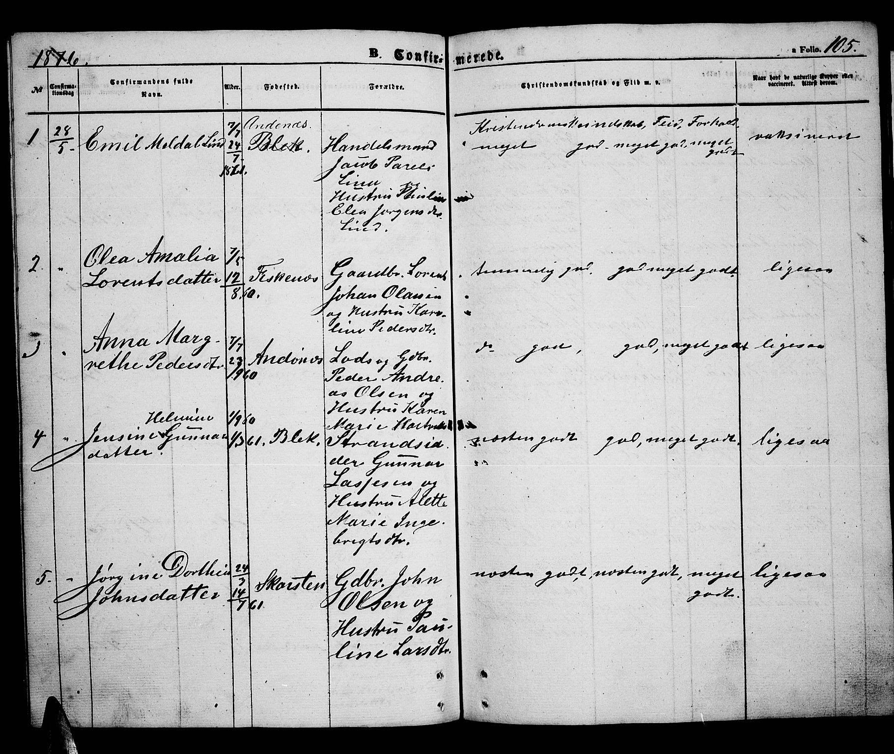 Ministerialprotokoller, klokkerbøker og fødselsregistre - Nordland, SAT/A-1459/899/L1447: Parish register (copy) no. 899C02, 1855-1886, p. 105