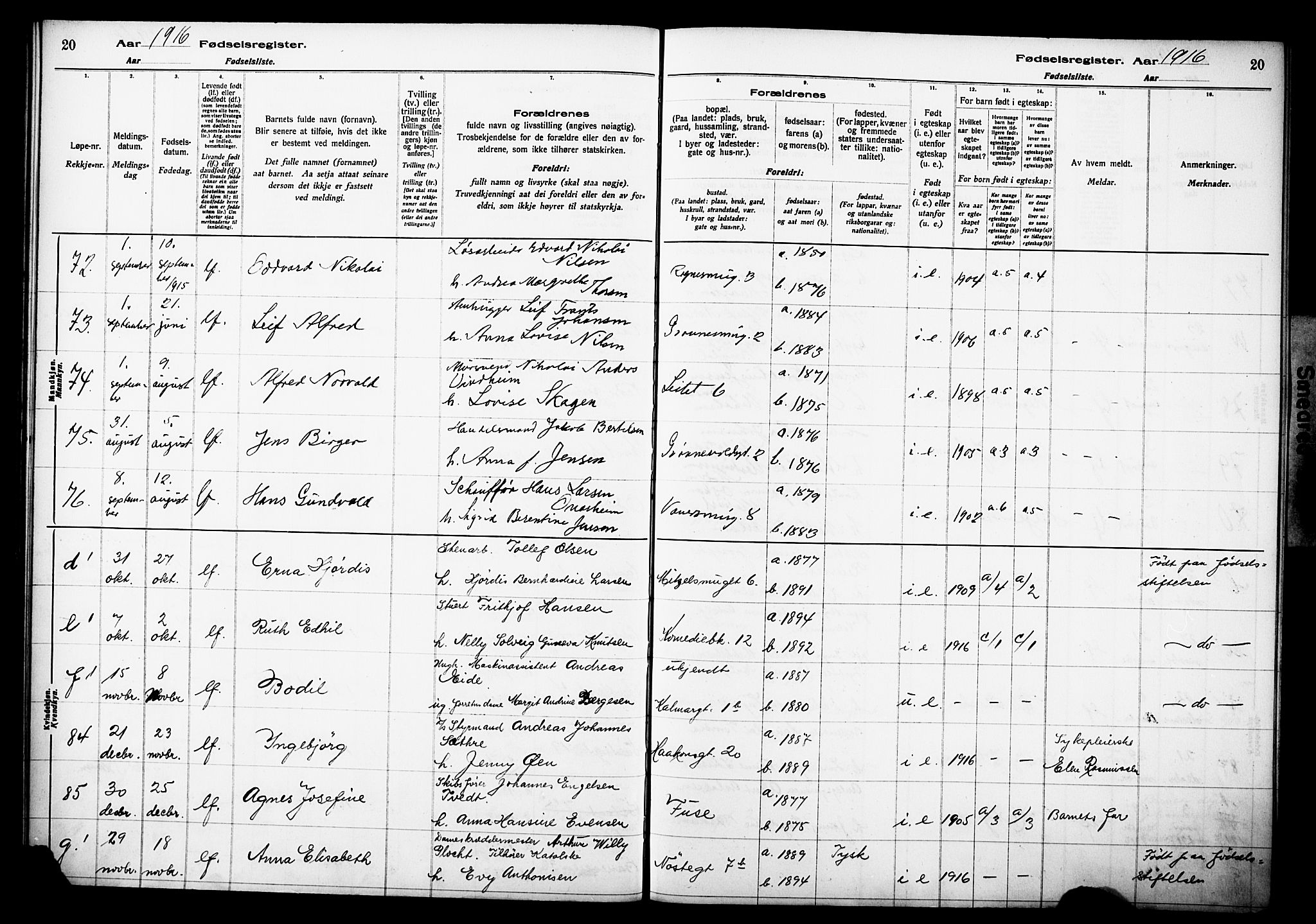 Domkirken sokneprestembete, AV/SAB-A-74801/I/Id/L00A1: Birth register no. A 1, 1916-1923, p. 20