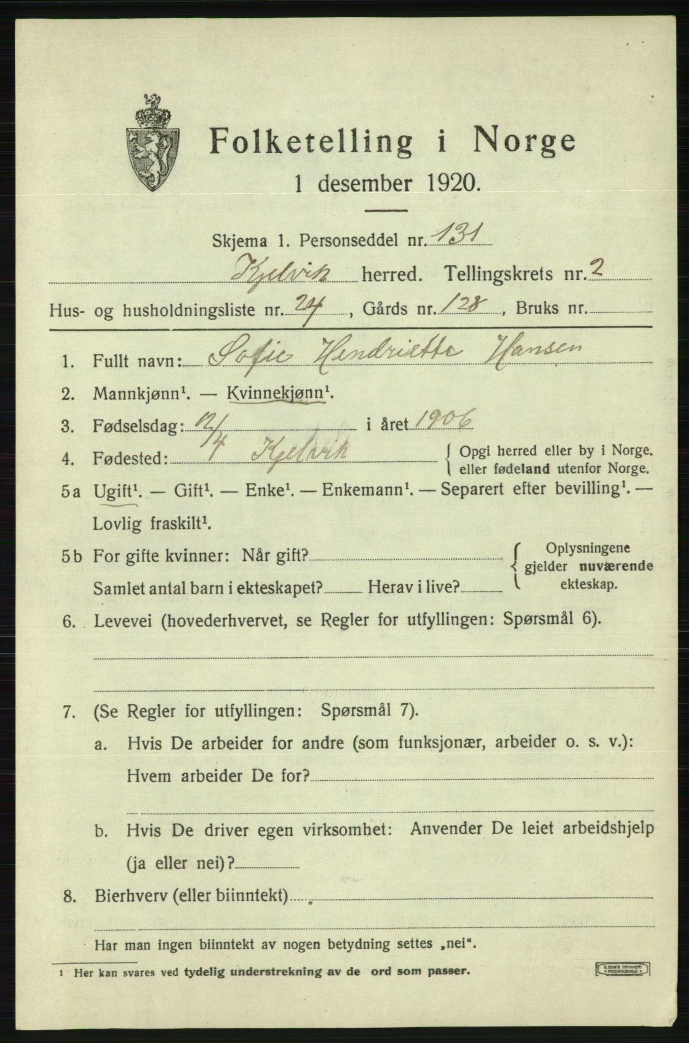 SATØ, 1920 census for Kjelvik, 1920, p. 1647