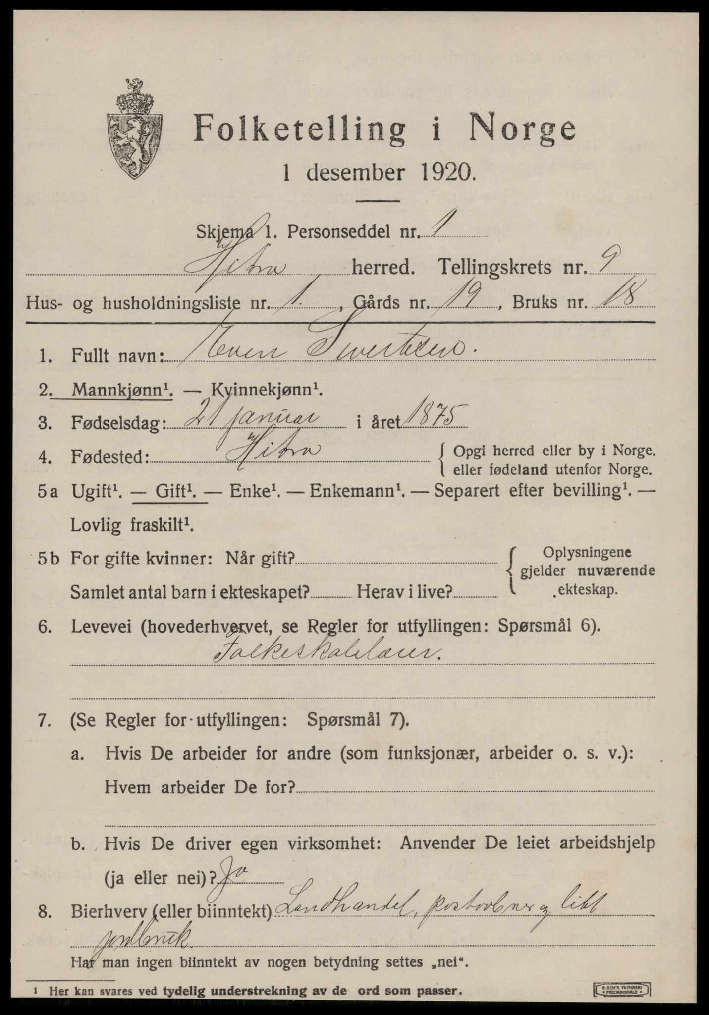 SAT, 1920 census for Hitra, 1920, p. 3055