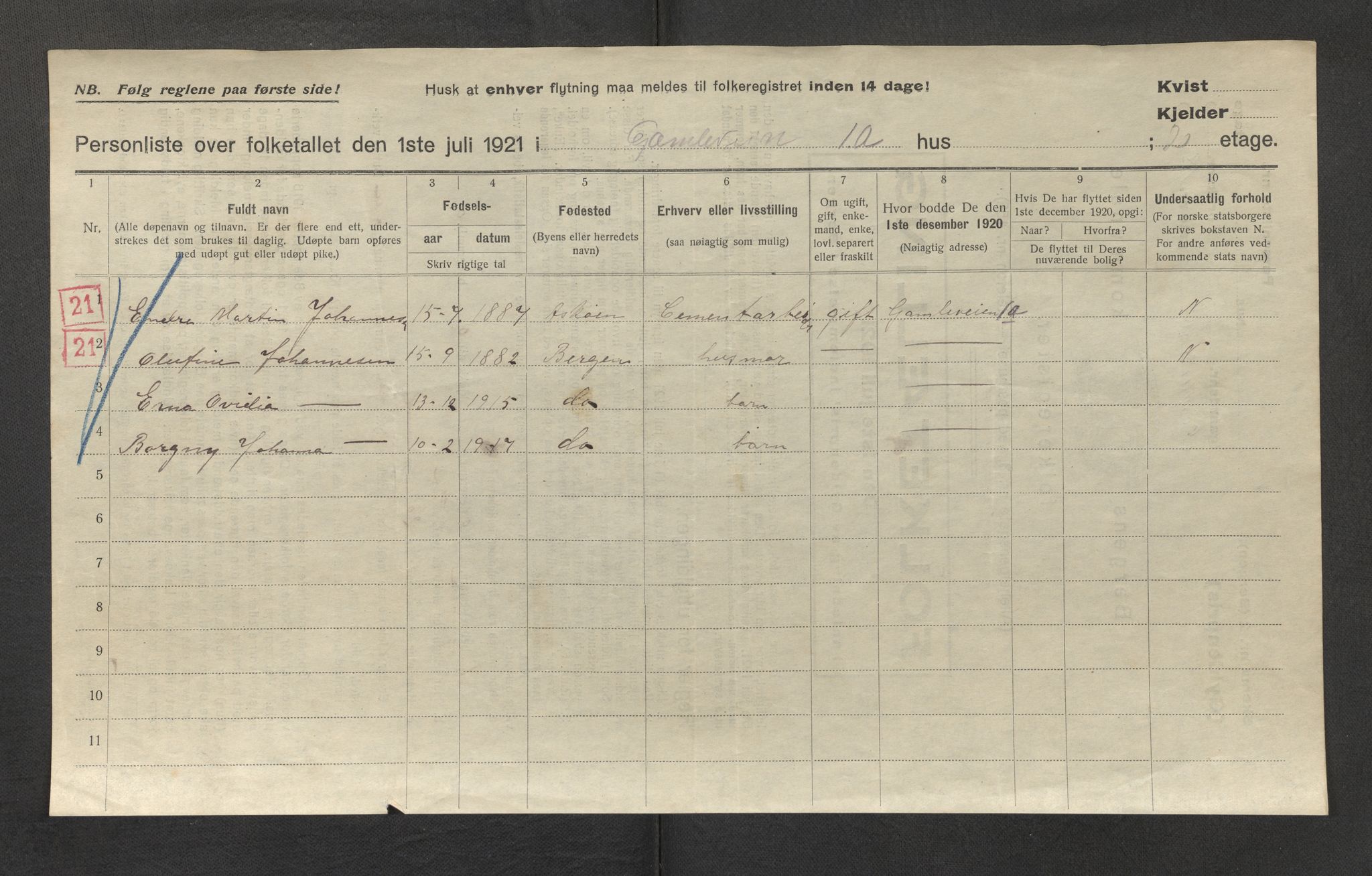 SAB, Municipal Census 1921 for the Gyldenpris area of Bergen, 1921, p. 10