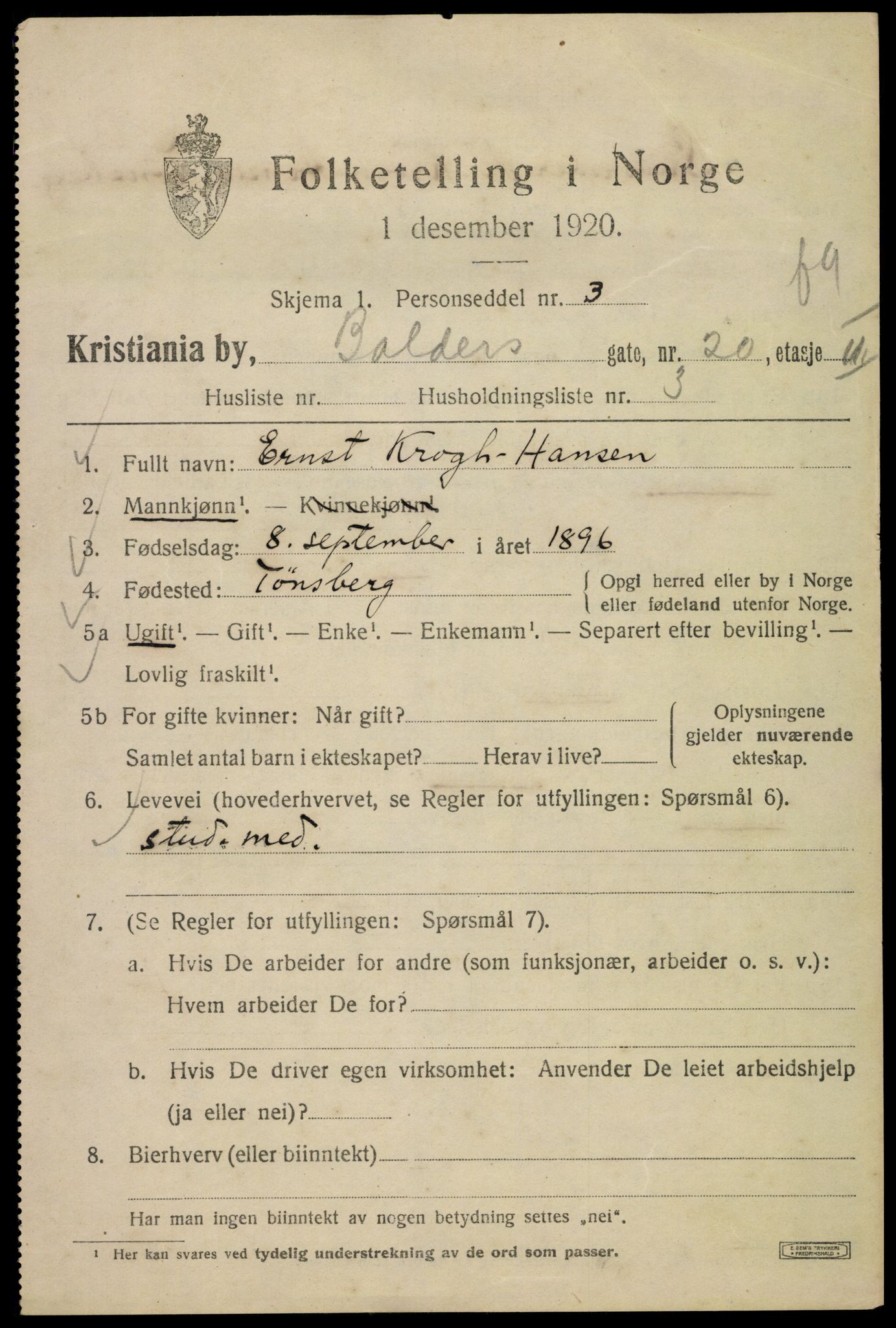 SAO, 1920 census for Kristiania, 1920, p. 150135