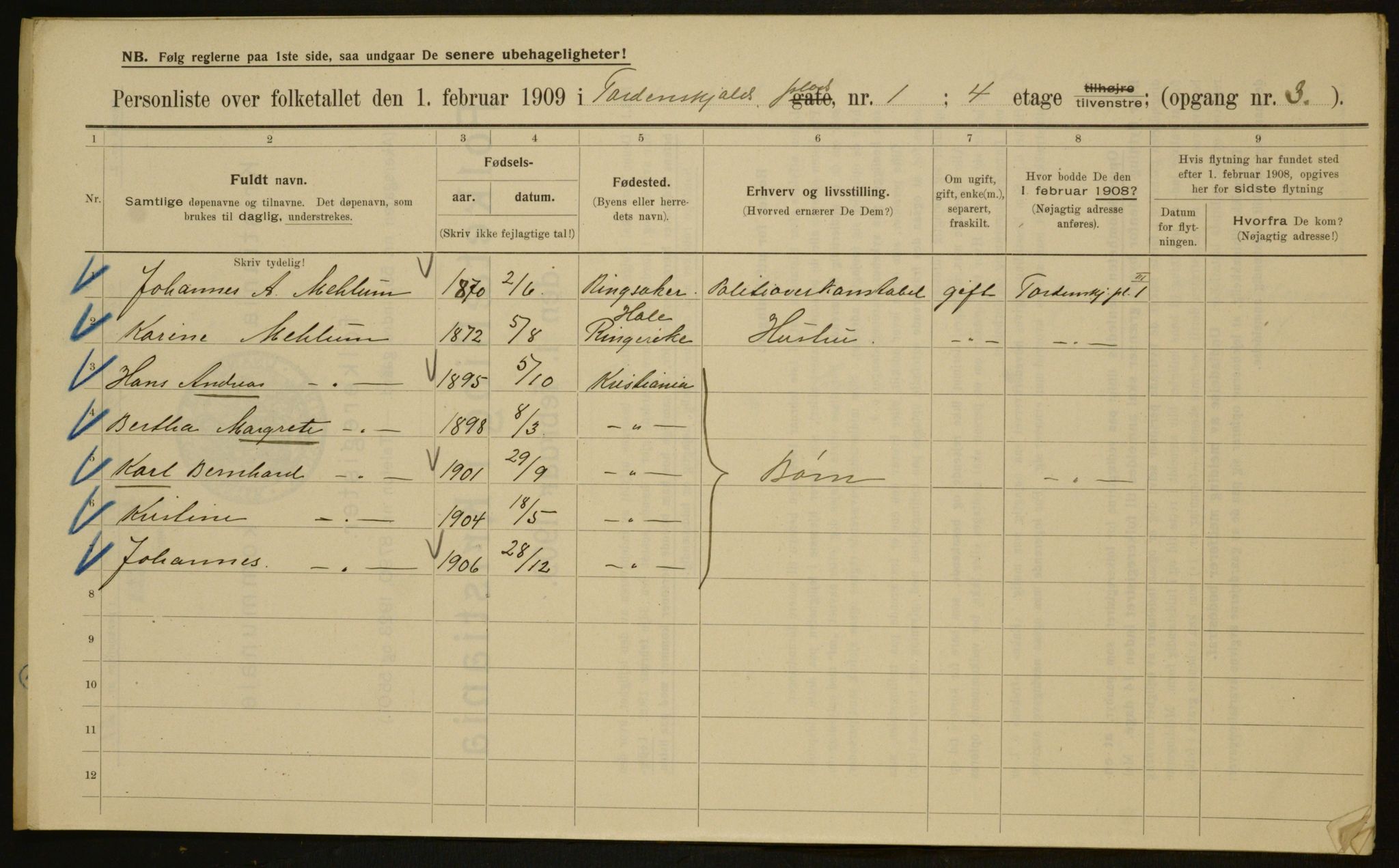 OBA, Municipal Census 1909 for Kristiania, 1909, p. 103219