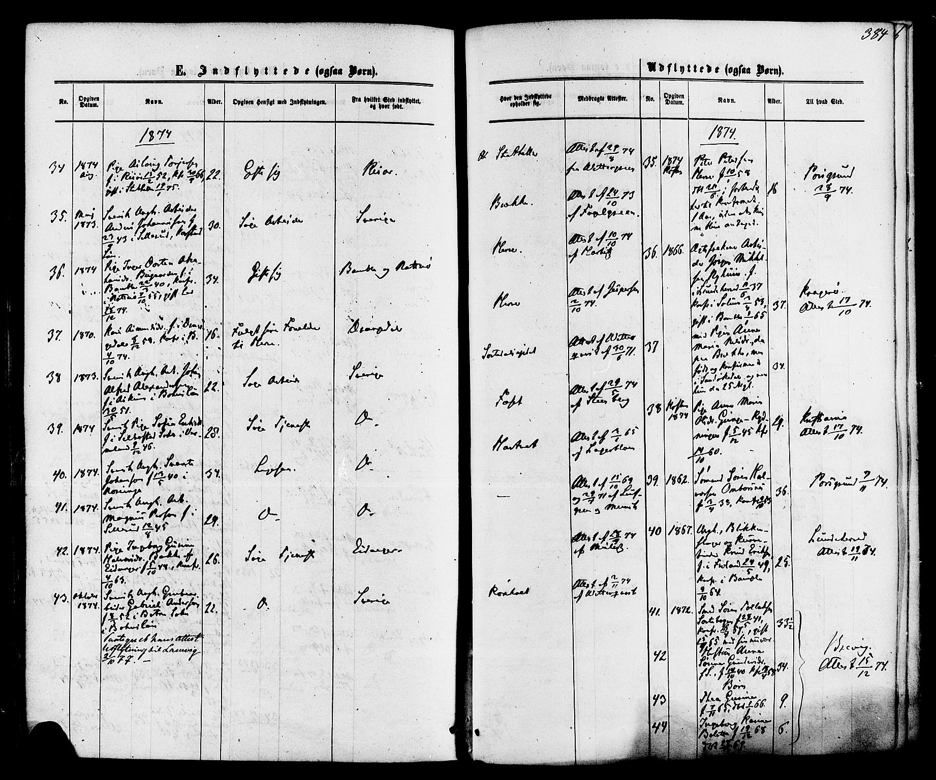 Bamble kirkebøker, SAKO/A-253/F/Fa/L0006: Parish register (official) no. I 6, 1869-1877, p. 384
