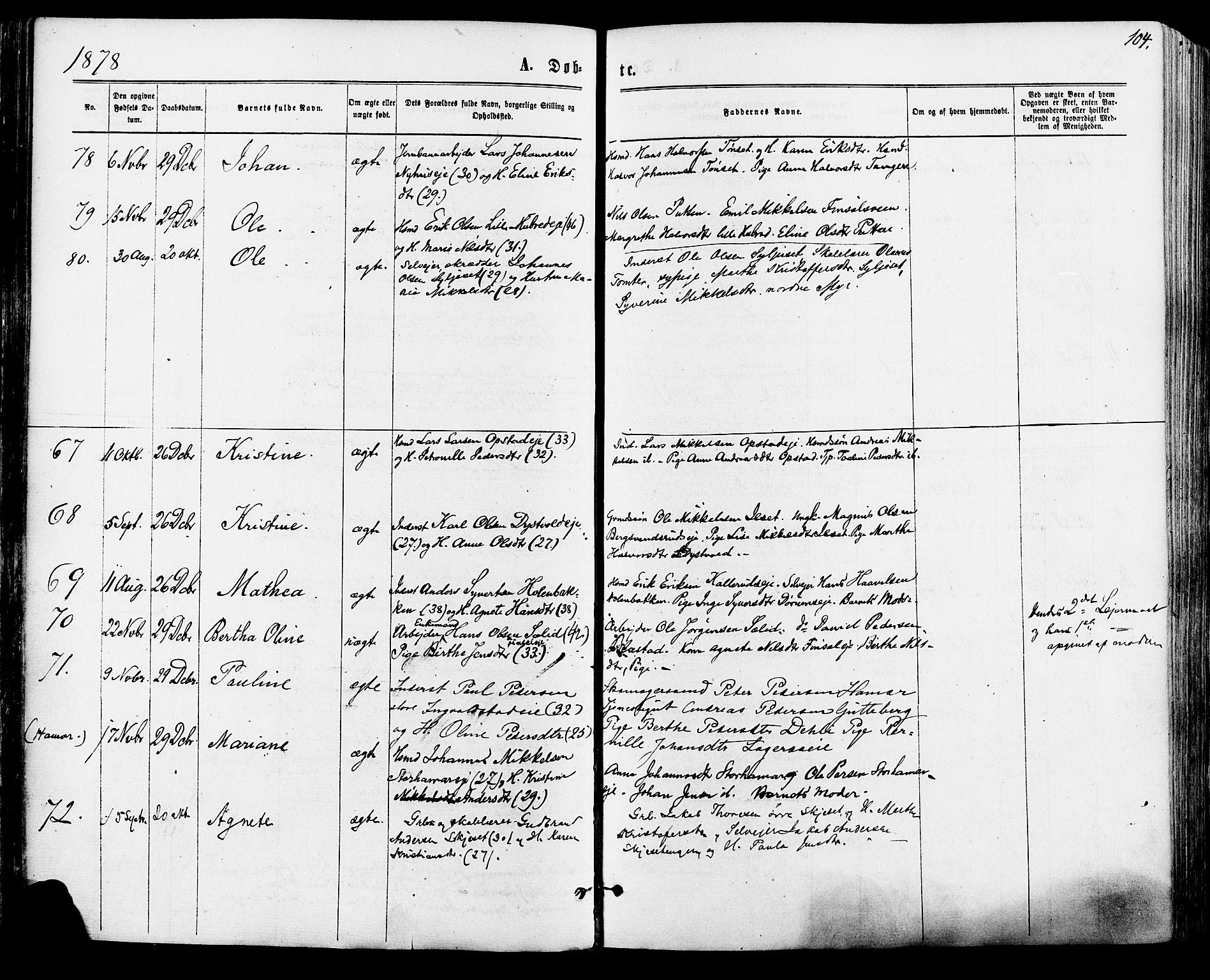 Vang prestekontor, Hedmark, AV/SAH-PREST-008/H/Ha/Haa/L0015: Parish register (official) no. 15, 1871-1885, p. 104