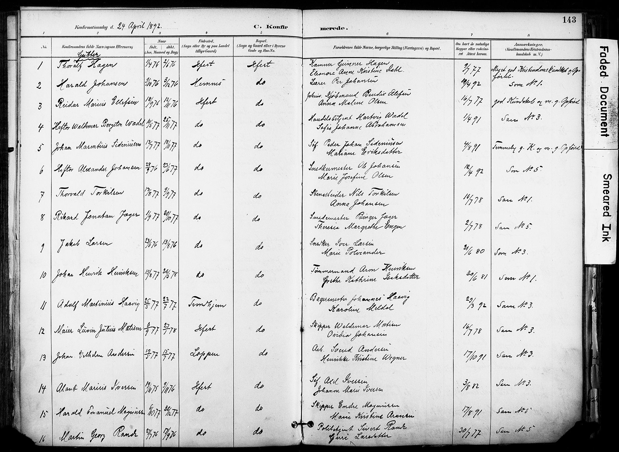 Hammerfest sokneprestkontor, SATØ/S-1347/H/Ha/L0009.kirke: Parish register (official) no. 9, 1889-1897, p. 143