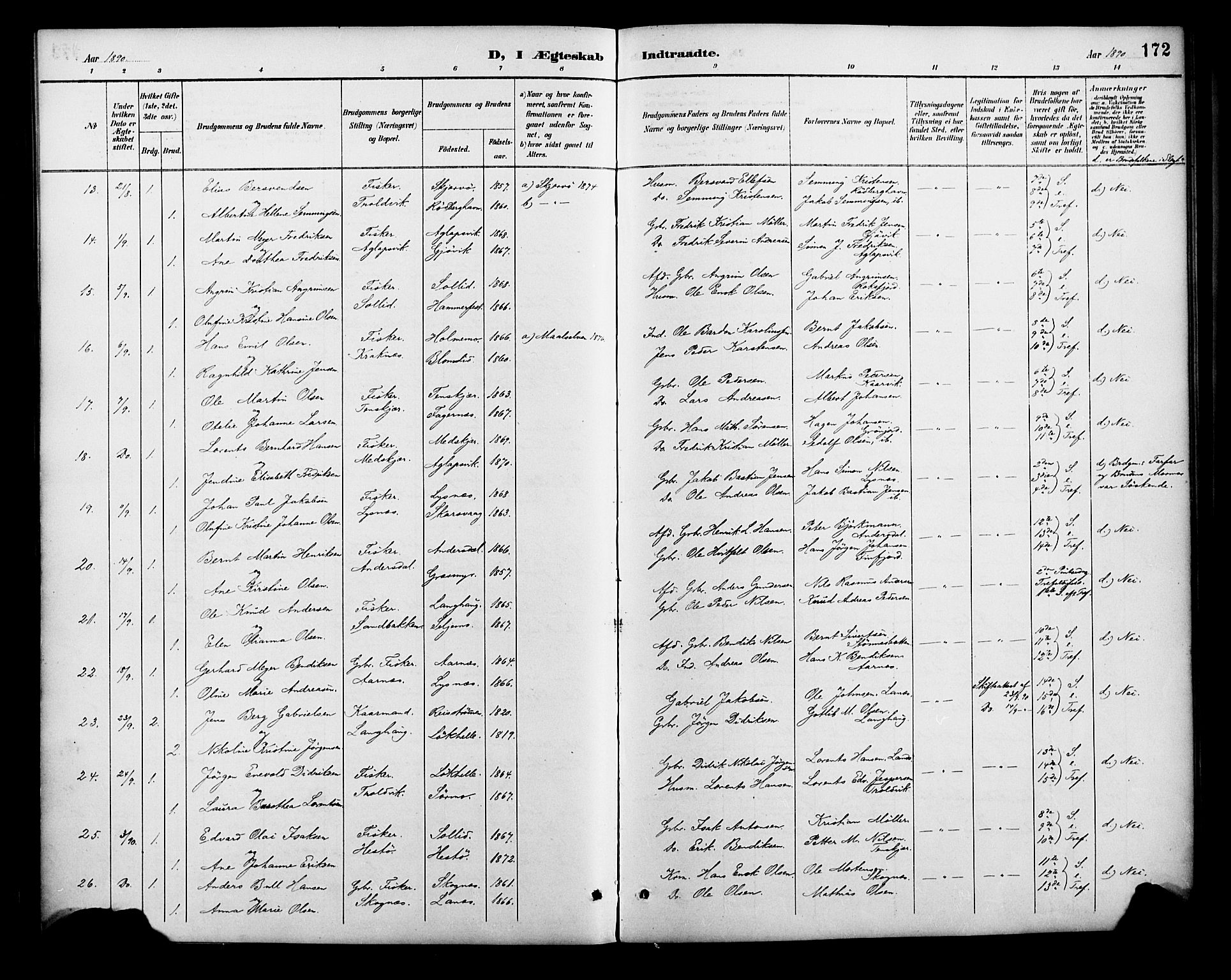 Lenvik sokneprestembete, SATØ/S-1310/H/Ha/Haa/L0013kirke: Parish register (official) no. 13, 1890-1898, p. 172