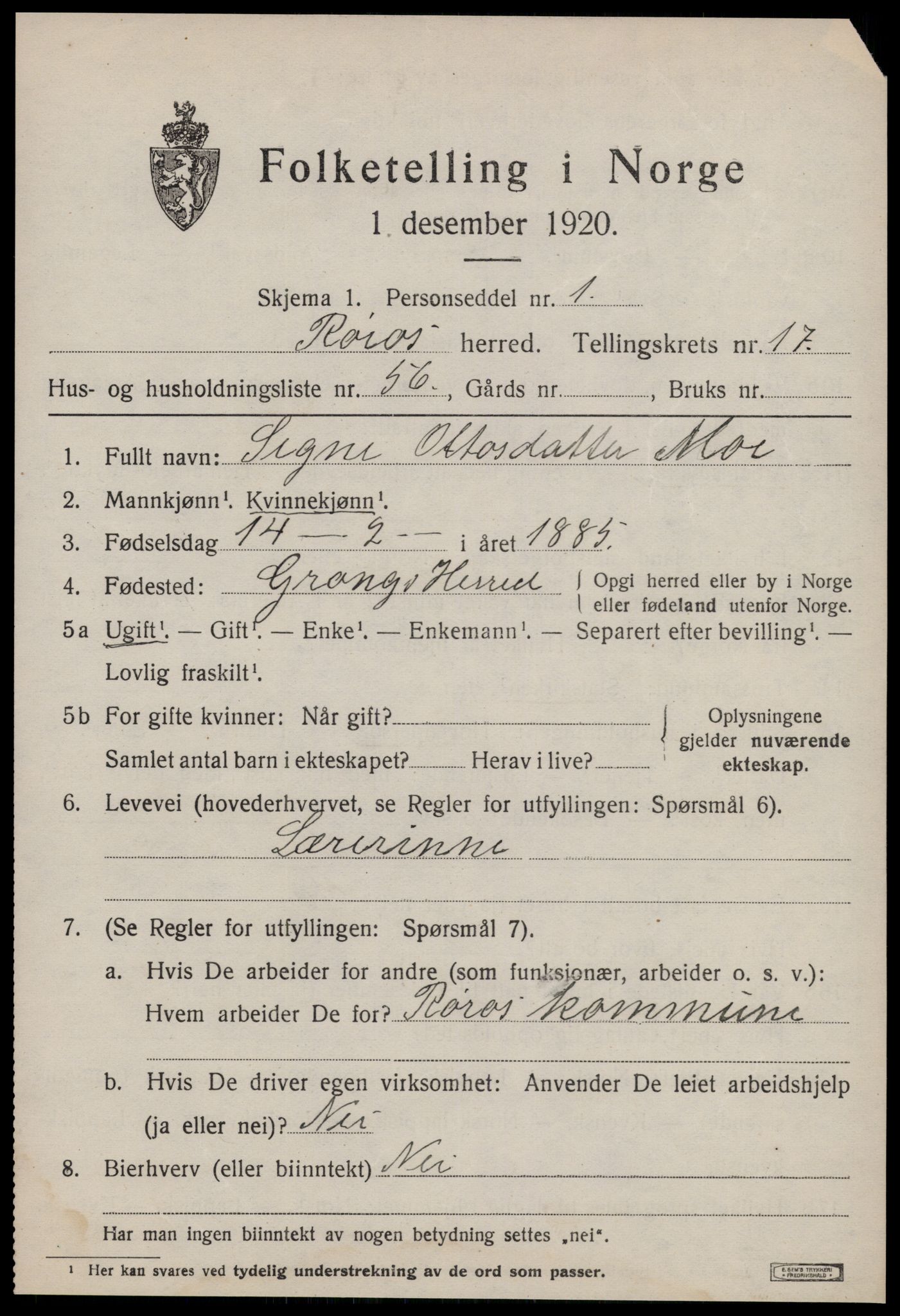 SAT, 1920 census for Røros, 1920, p. 12242