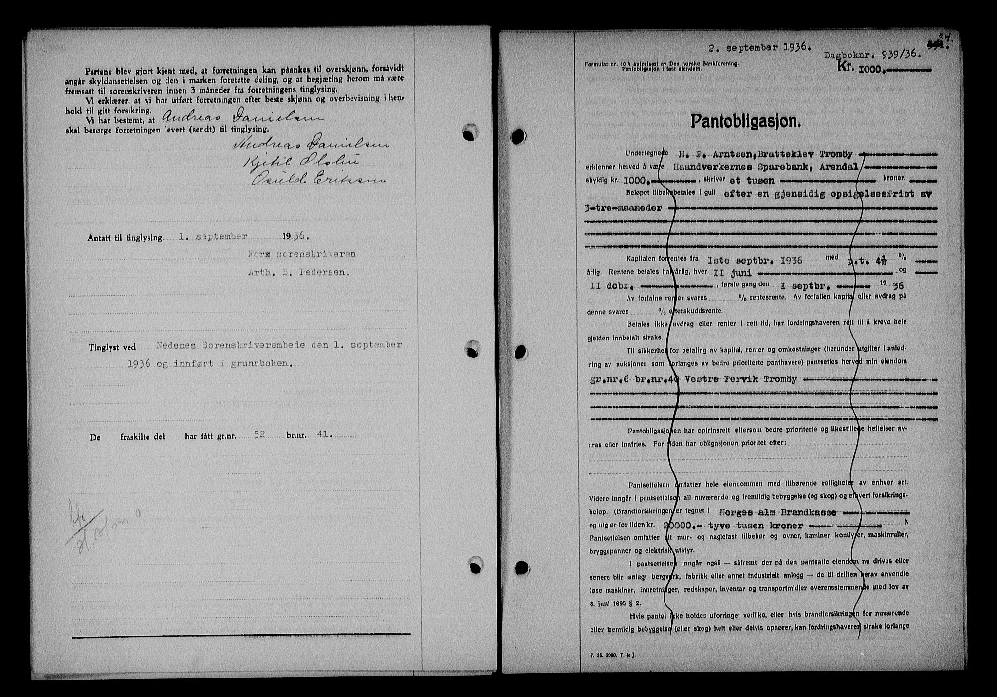 Nedenes sorenskriveri, AV/SAK-1221-0006/G/Gb/Gba/L0043: Mortgage book no. 39, 1936-1937, Diary no: : 939/1936