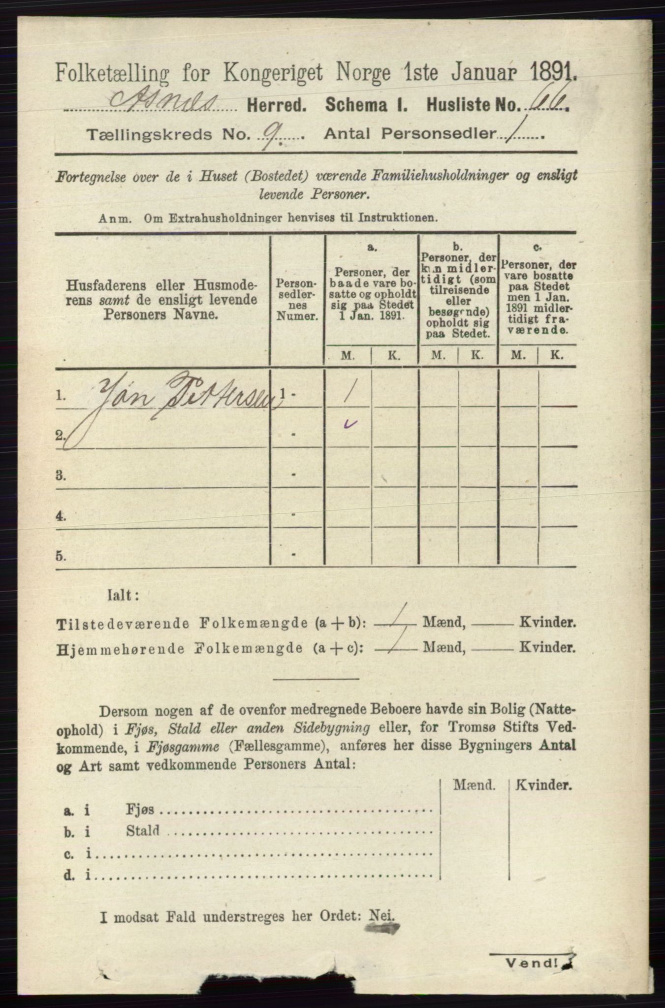 RA, 1891 census for 0425 Åsnes, 1891, p. 4613