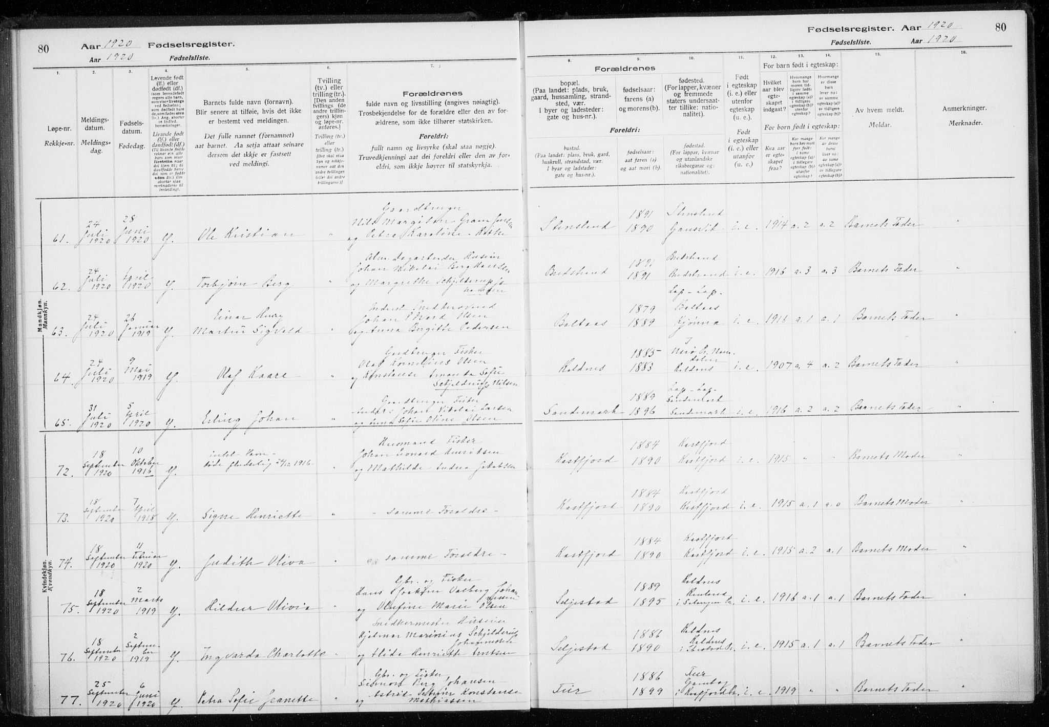 Trondenes sokneprestkontor, AV/SATØ-S-1319/I/Ia/L0089: Birth register no. 89, 1916-1925, p. 80