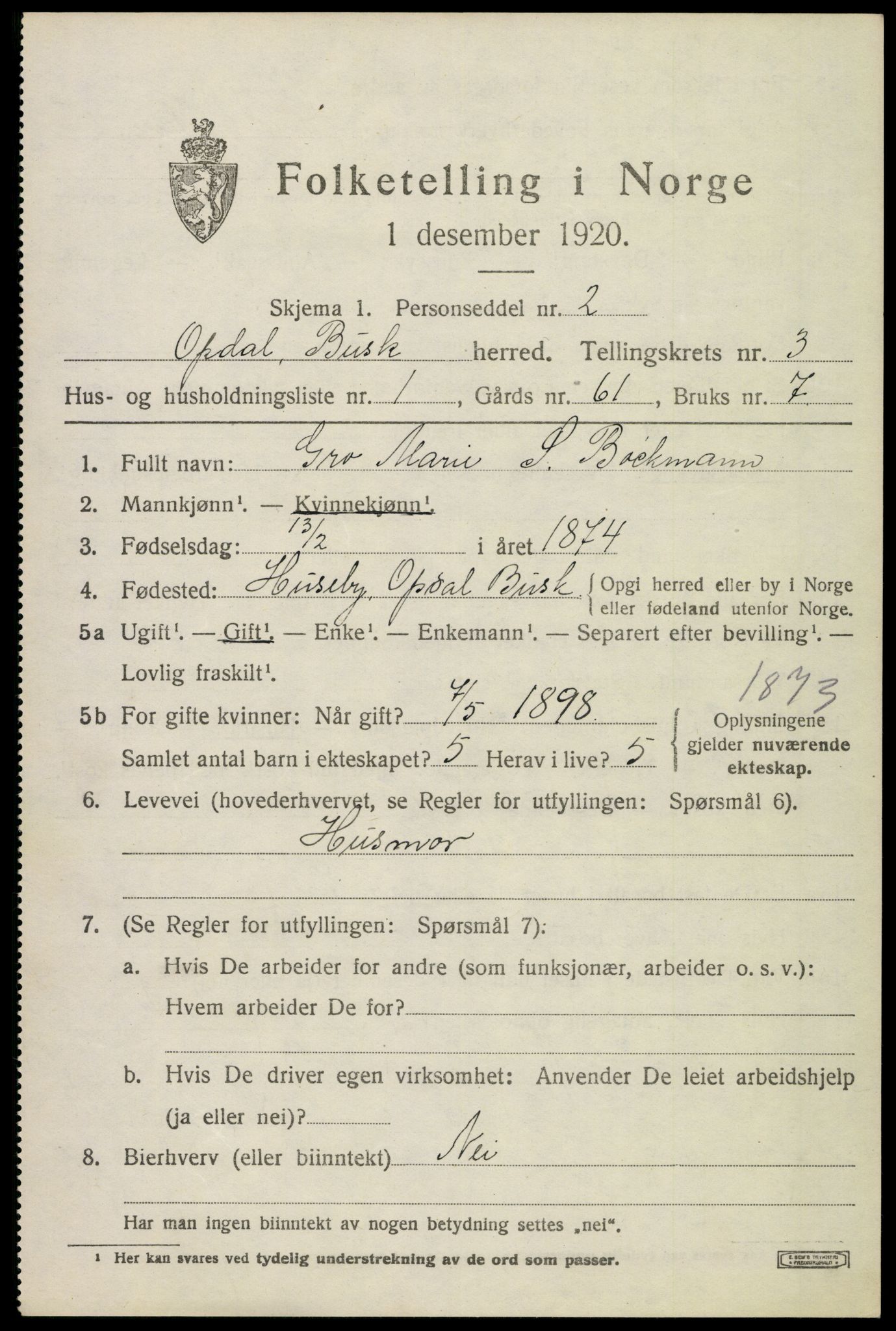 SAKO, 1920 census for Uvdal, 1920, p. 1293