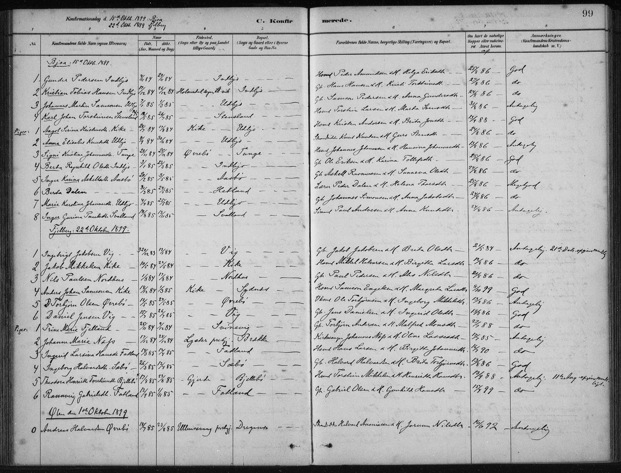 Fjelberg sokneprestembete, SAB/A-75201/H/Haa: Parish register (official) no. B  1, 1879-1919, p. 99