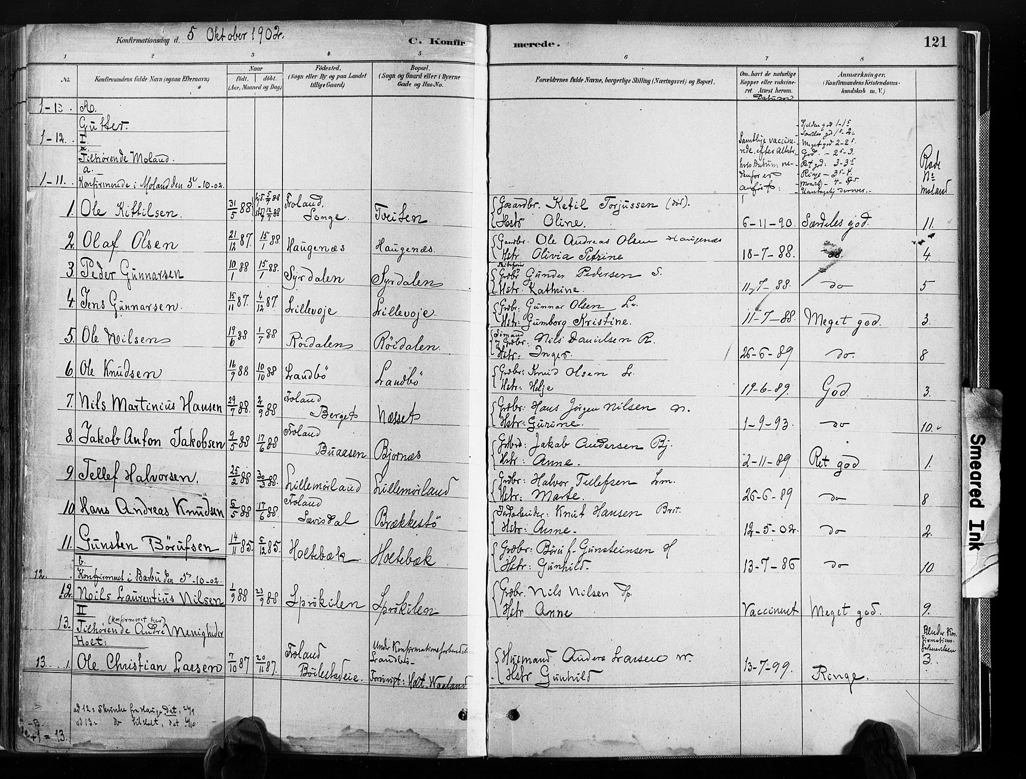 Austre Moland sokneprestkontor, SAK/1111-0001/F/Fa/Faa/L0010: Parish register (official) no. A 10, 1880-1904, p. 121