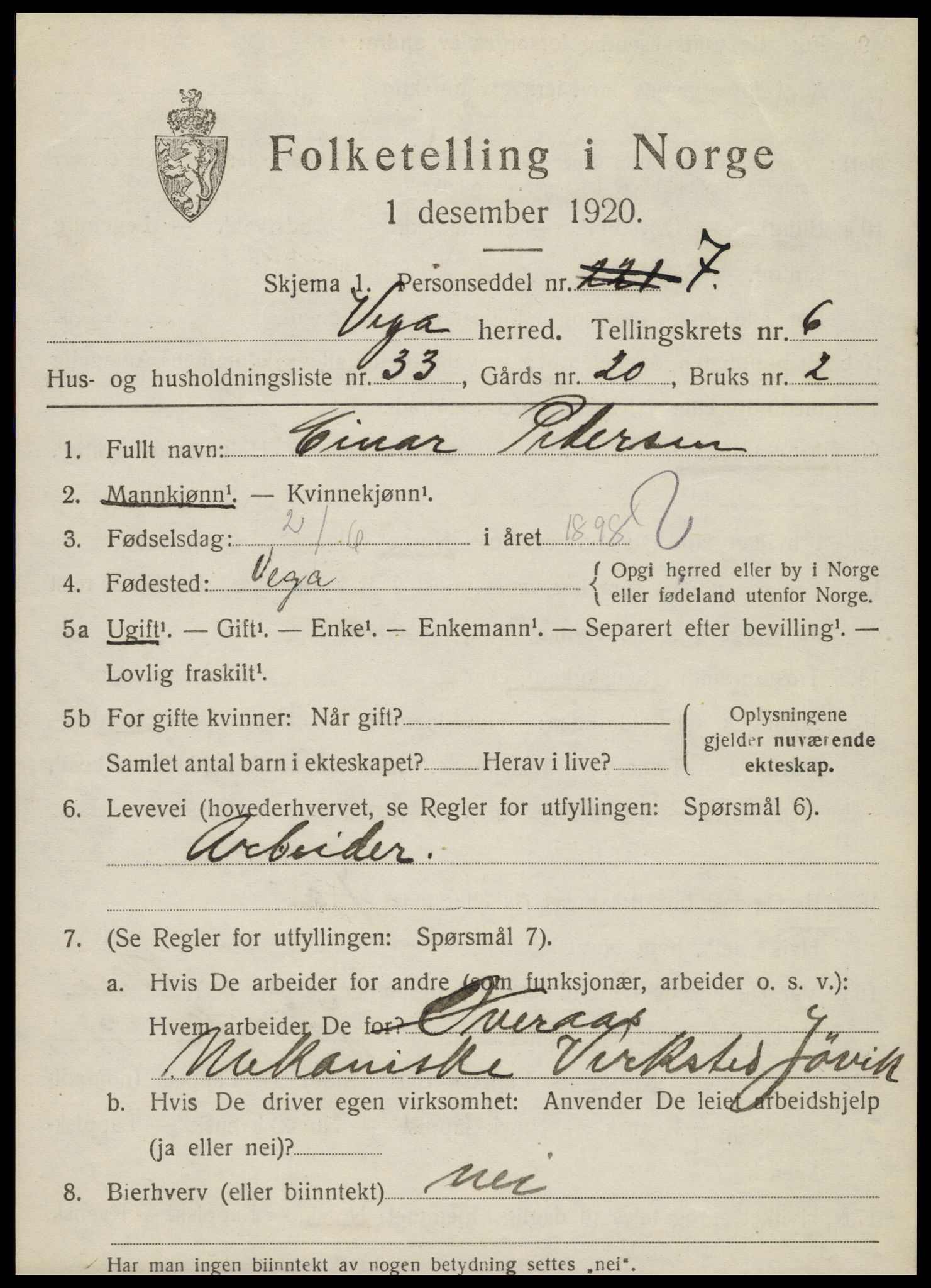 SAT, 1920 census for Vega, 1920, p. 3399