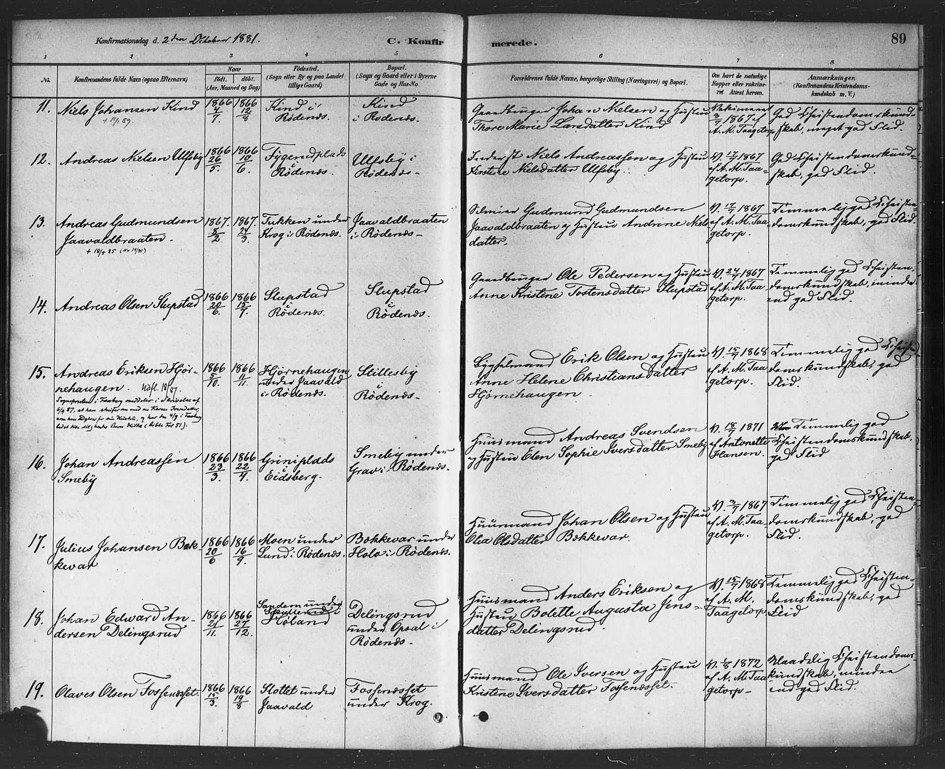 Rødenes prestekontor Kirkebøker, AV/SAO-A-2005/F/Fa/L0009: Parish register (official) no. I 9, 1880-1889, p. 89