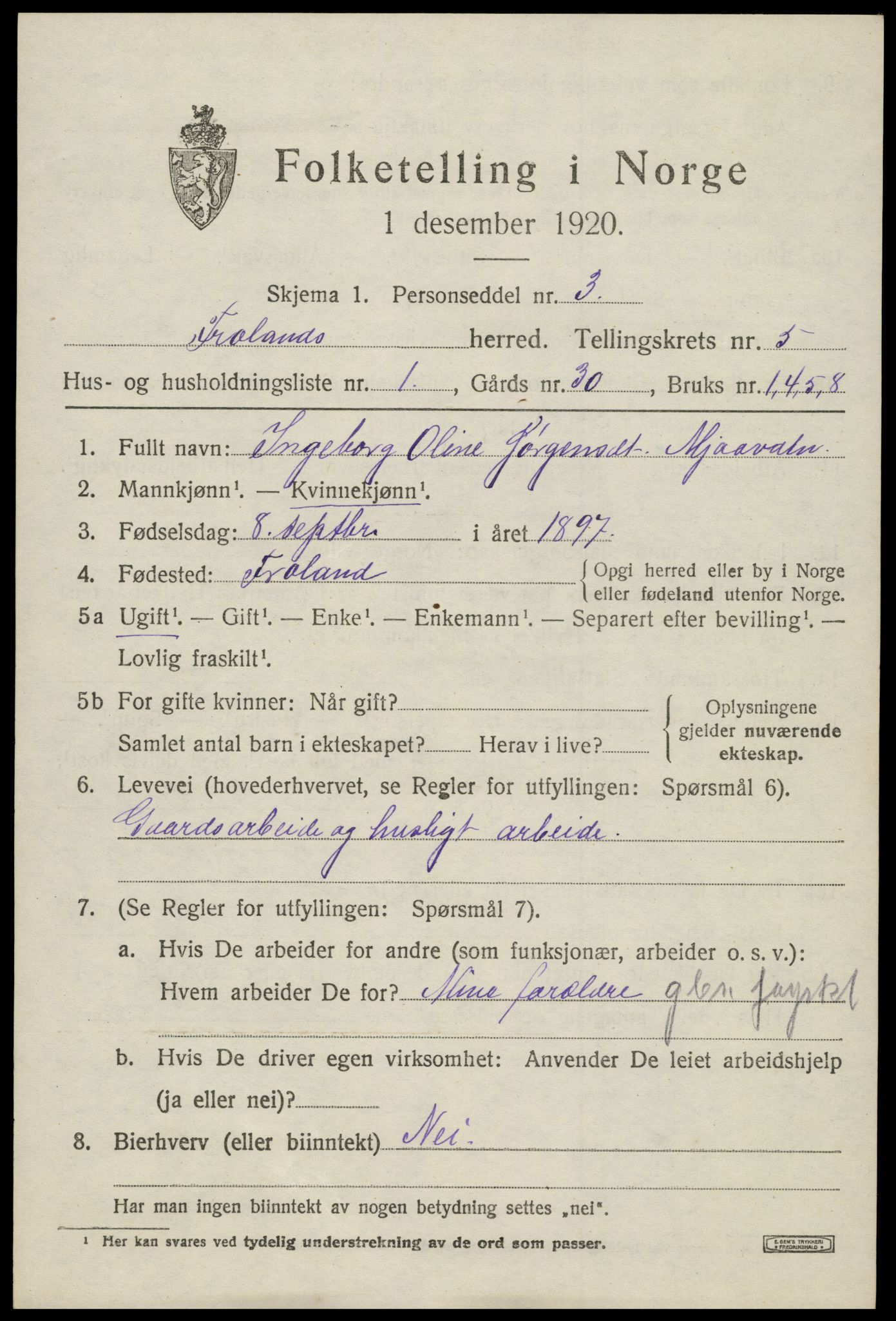 SAK, 1920 census for Froland, 1920, p. 3629