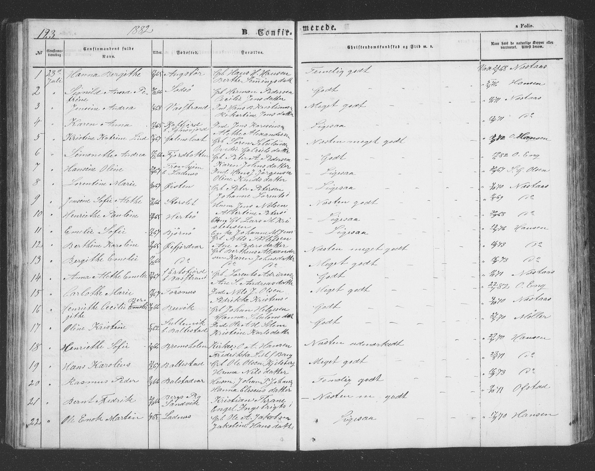 Lenvik sokneprestembete, SATØ/S-1310/H/Ha/Hab/L0020klokker: Parish register (copy) no. 20, 1855-1883, p. 123