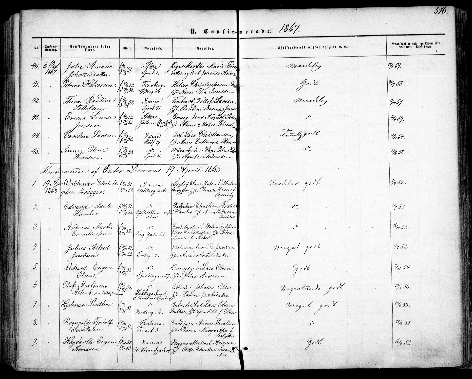 Oslo domkirke Kirkebøker, SAO/A-10752/F/Fa/L0015: Parish register (official) no. 15, 1857-1871, p. 516