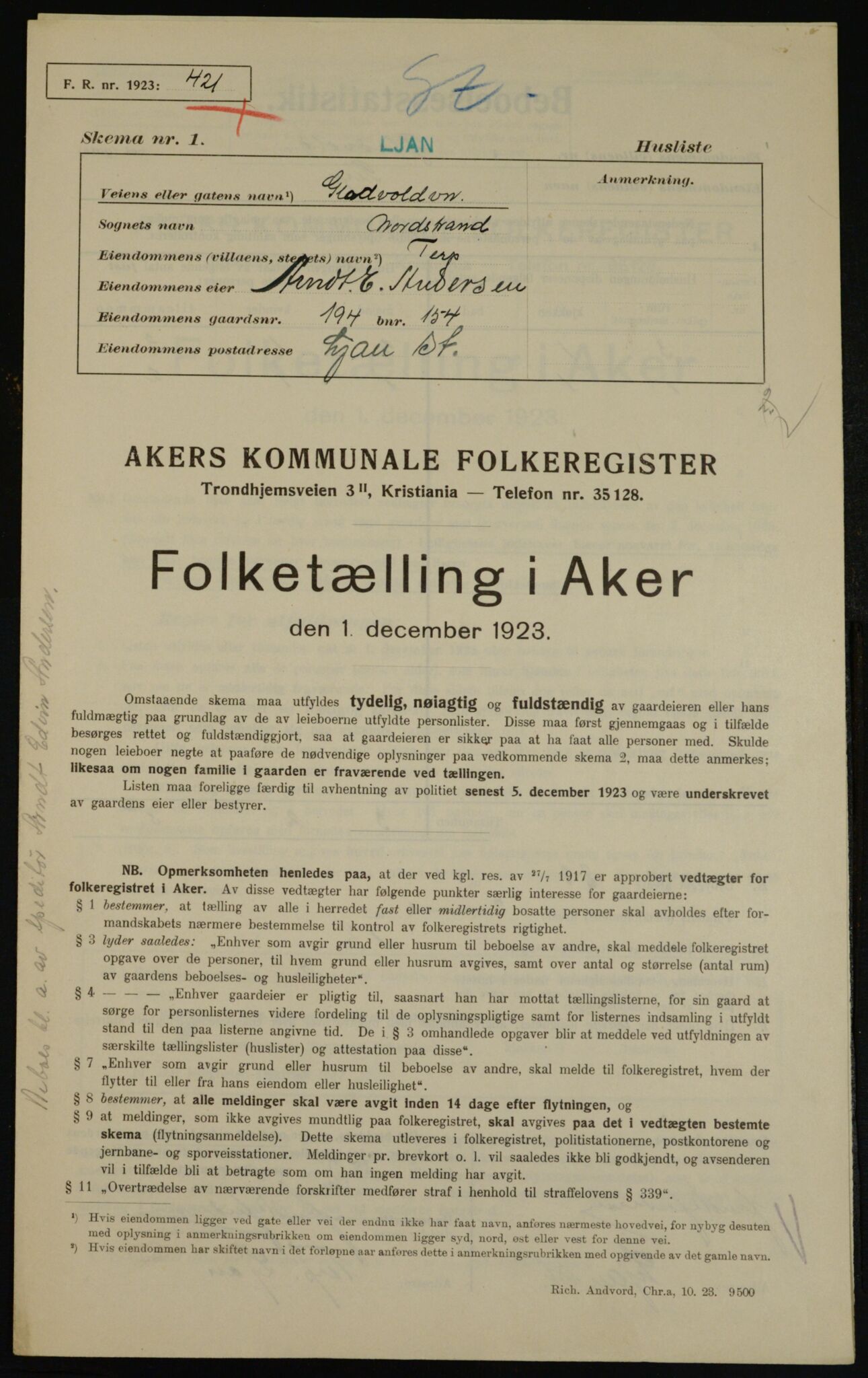 , Municipal Census 1923 for Aker, 1923, p. 39138