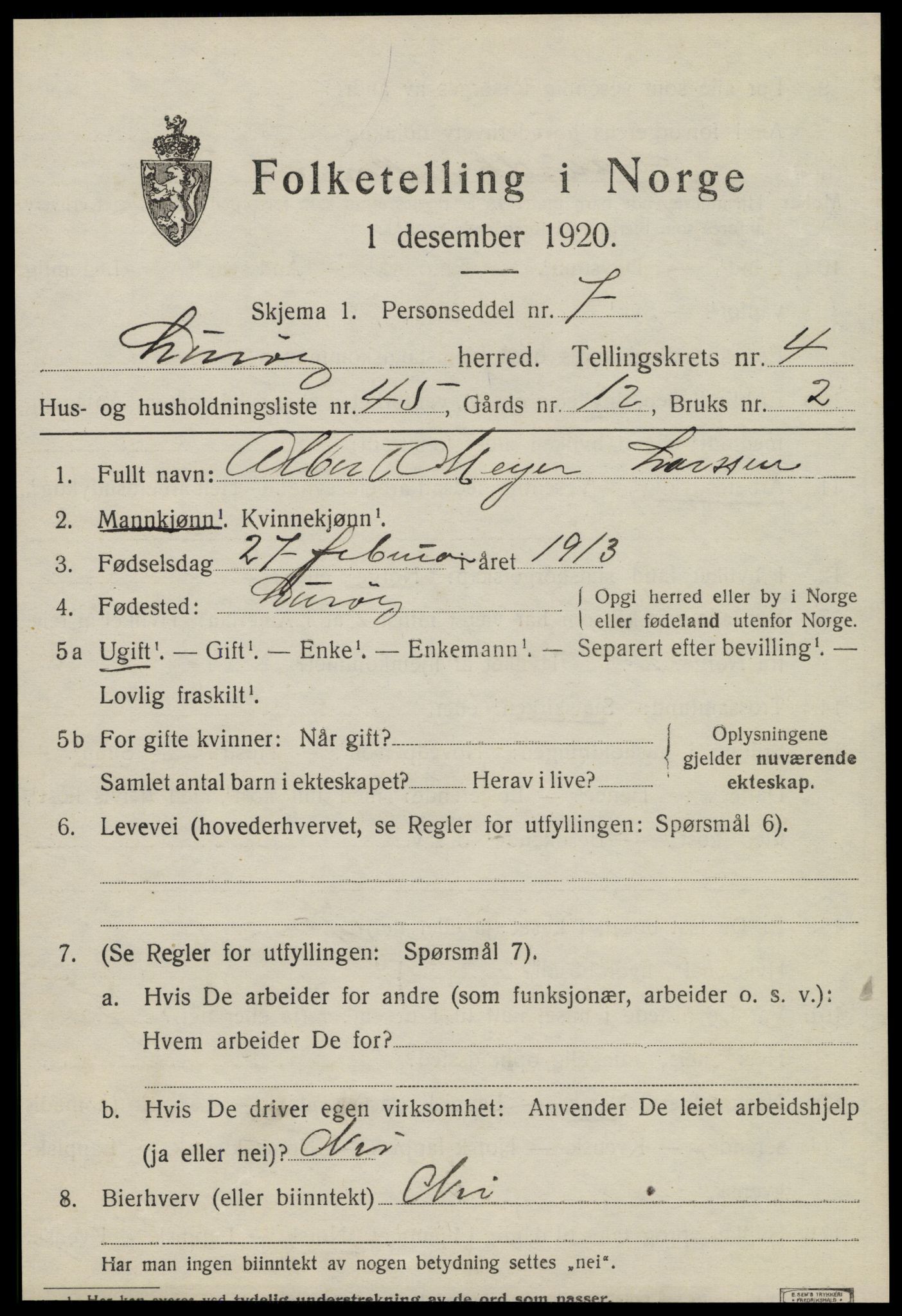 SAT, 1920 census for Lurøy, 1920, p. 2599