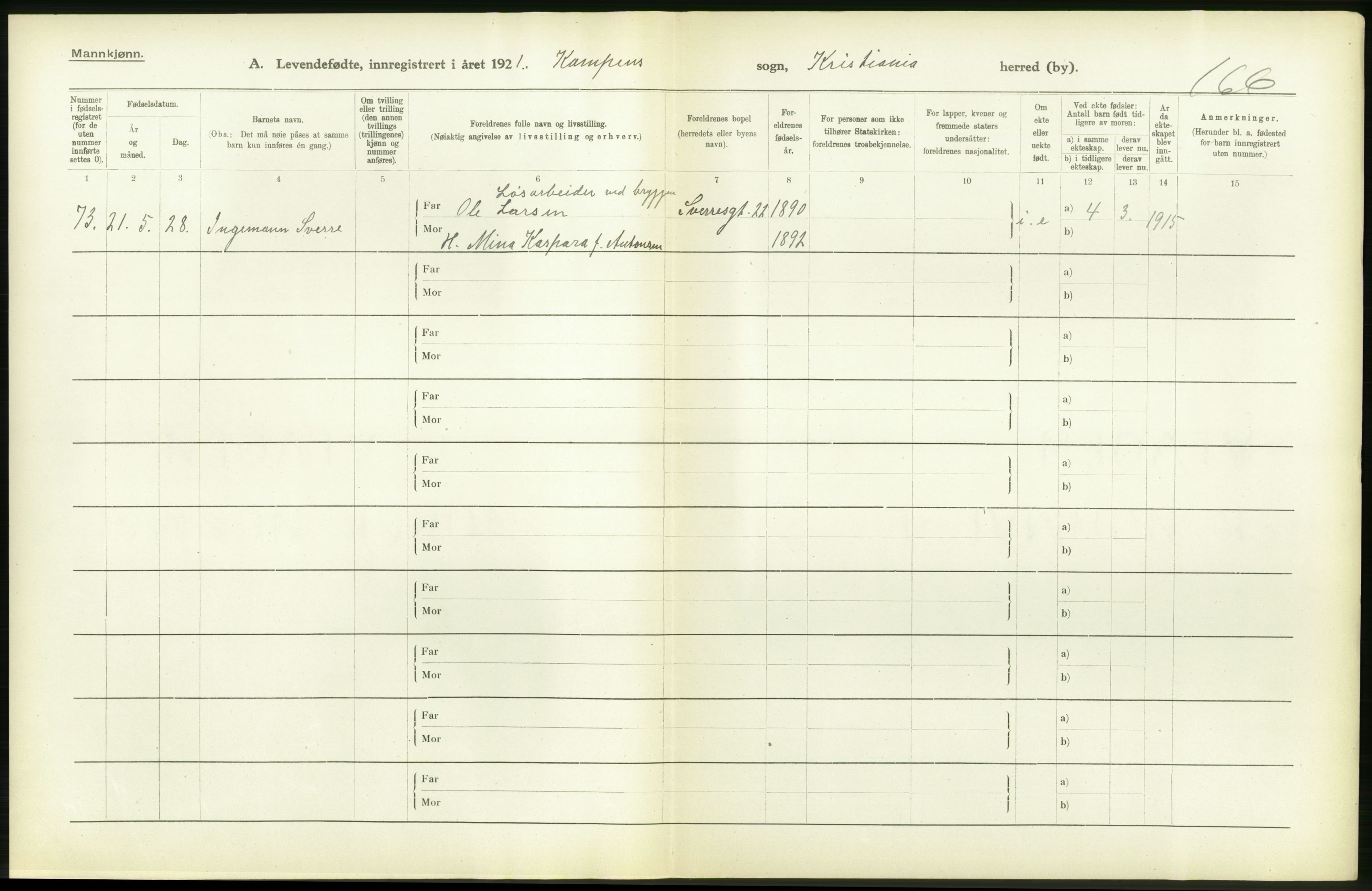 Statistisk sentralbyrå, Sosiodemografiske emner, Befolkning, AV/RA-S-2228/D/Df/Dfc/Dfca/L0009: Kristiania: Levendefødte menn og kvinner., 1921, p. 100