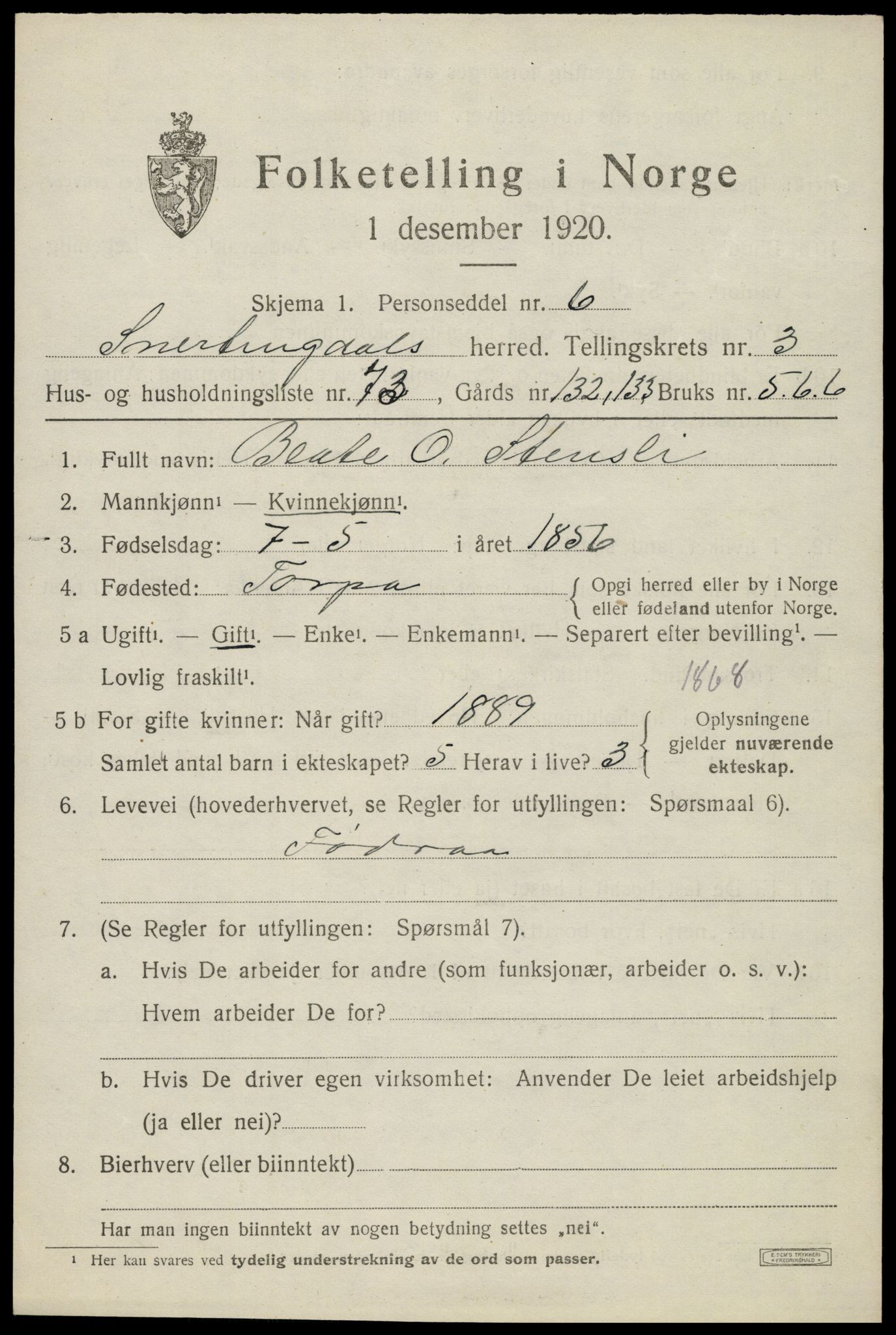 SAH, 1920 census for Snertingdal, 1920, p. 3545