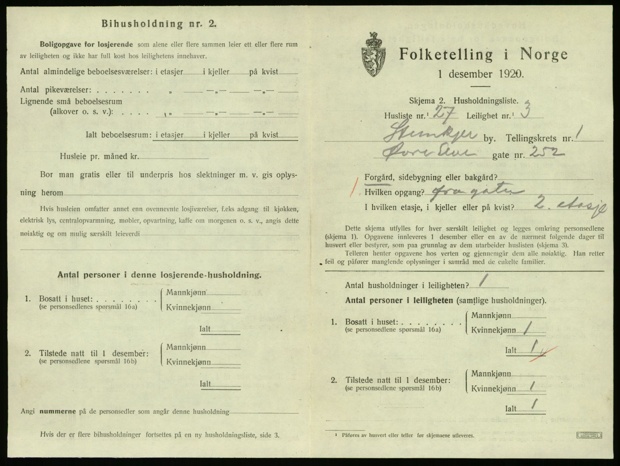 SAT, 1920 census for Steinkjer, 1920, p. 1130