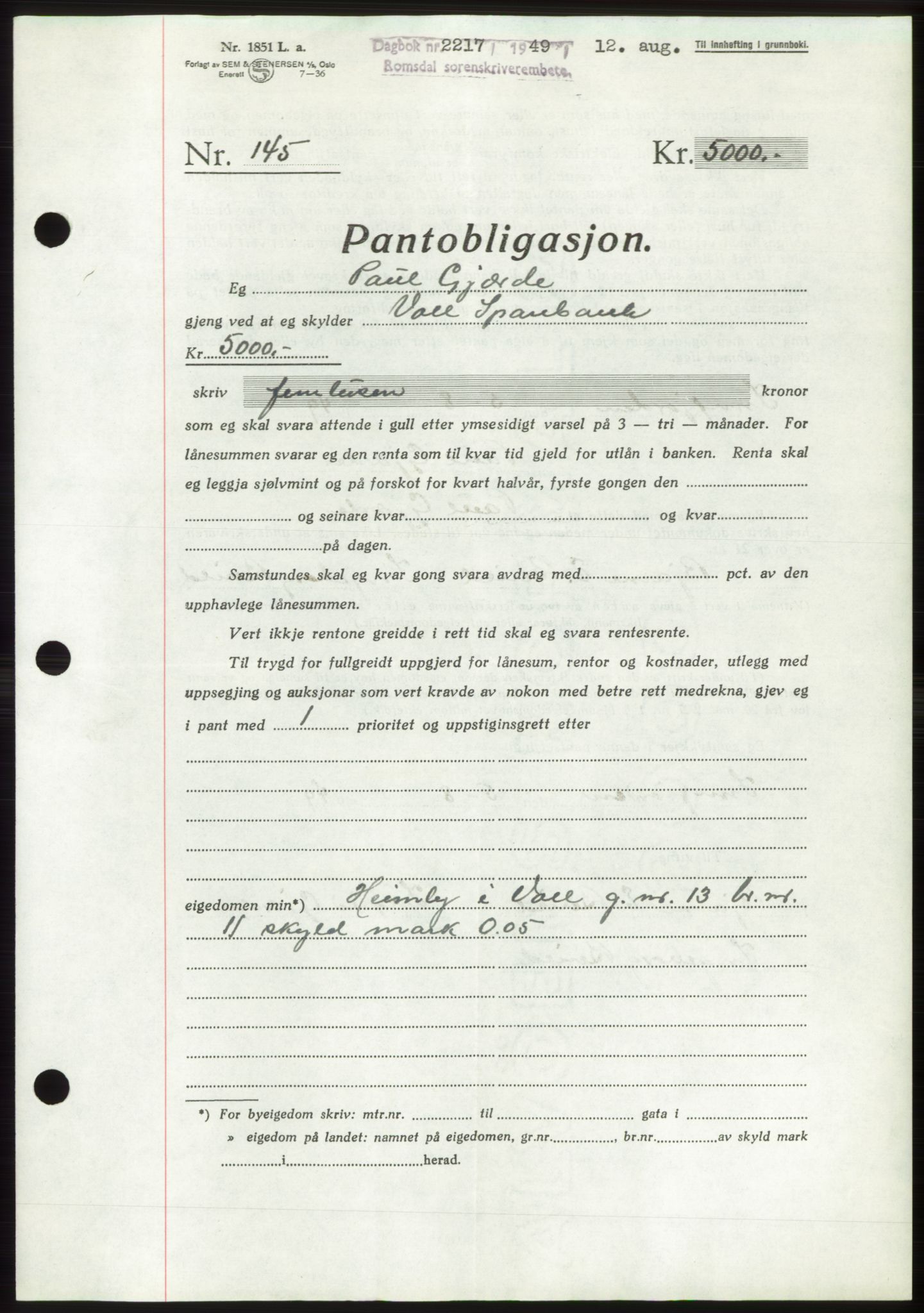 Romsdal sorenskriveri, AV/SAT-A-4149/1/2/2C: Mortgage book no. B4, 1948-1949, Diary no: : 2217/1949