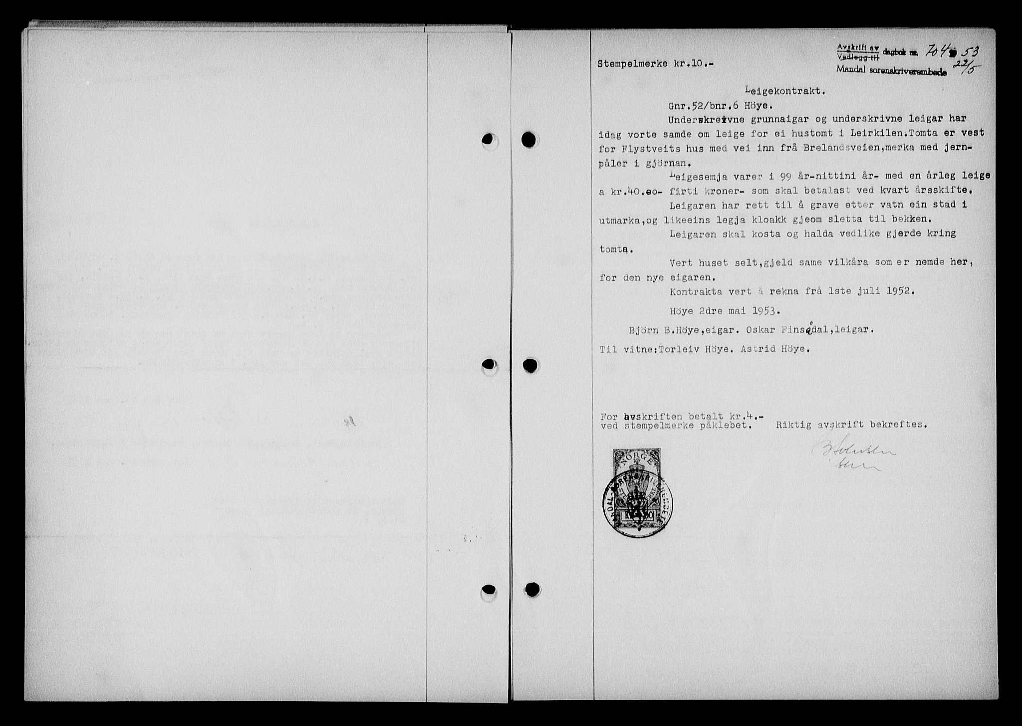 Mandal sorenskriveri, SAK/1221-0005/001/G/Gb/Gba/L0087: Mortgage book no. A-24, 1953-1953, Diary no: : 704/1953