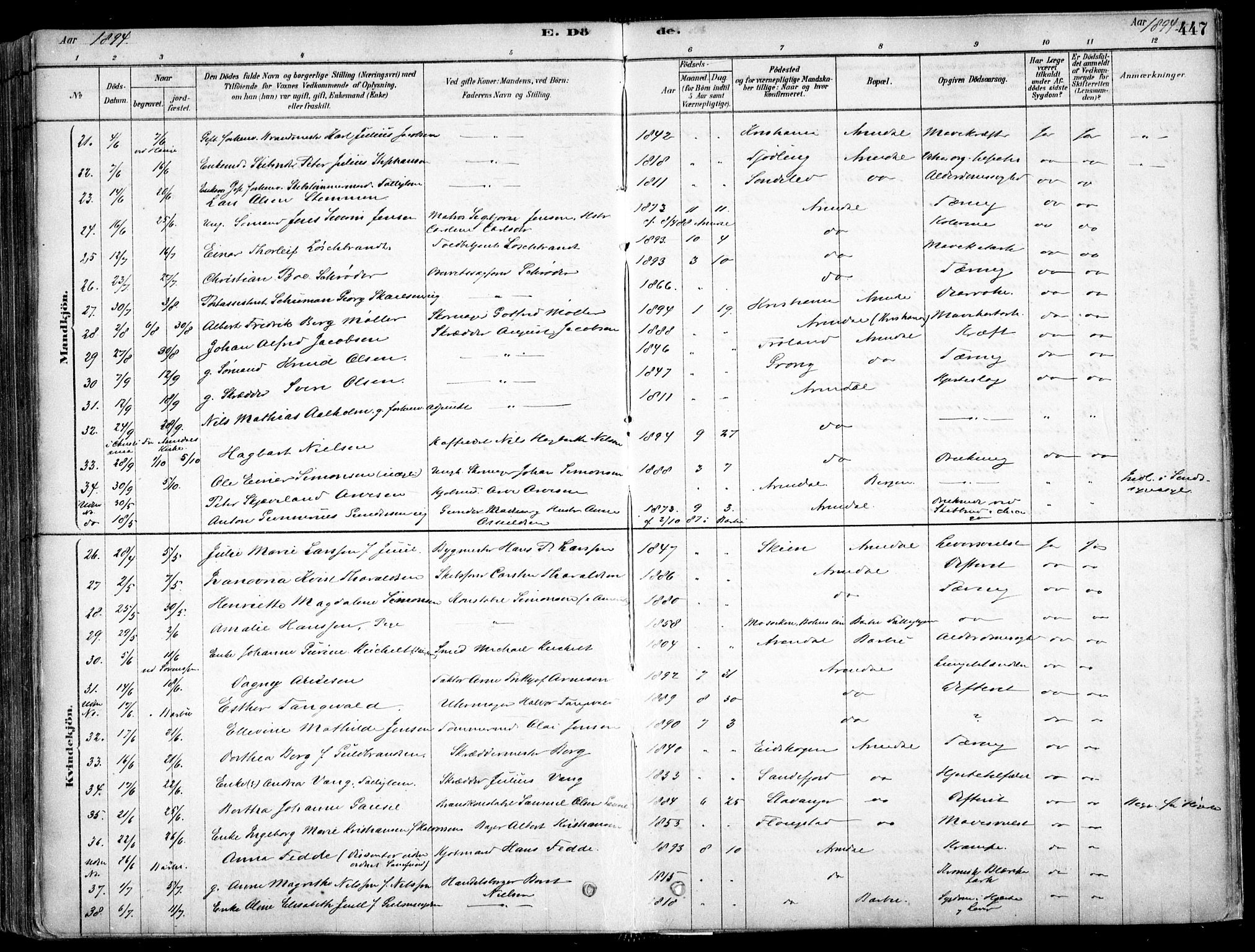 Arendal sokneprestkontor, Trefoldighet, SAK/1111-0040/F/Fa/L0008: Parish register (official) no. A 8, 1878-1899, p. 447