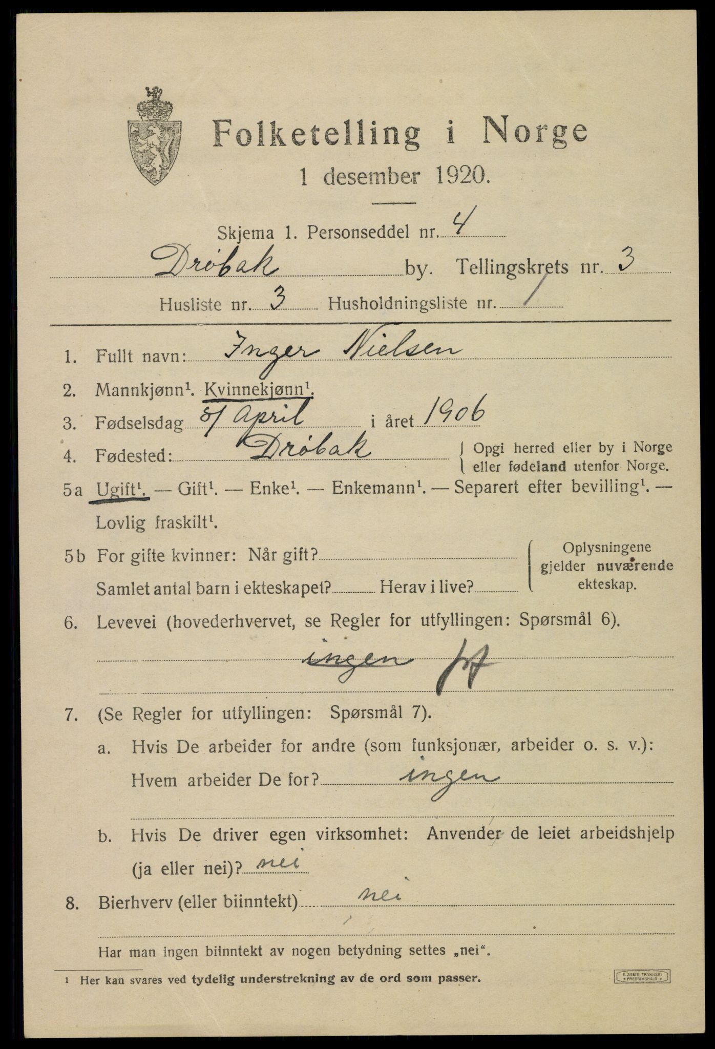 SAO, 1920 census for Drøbak, 1920, p. 3409