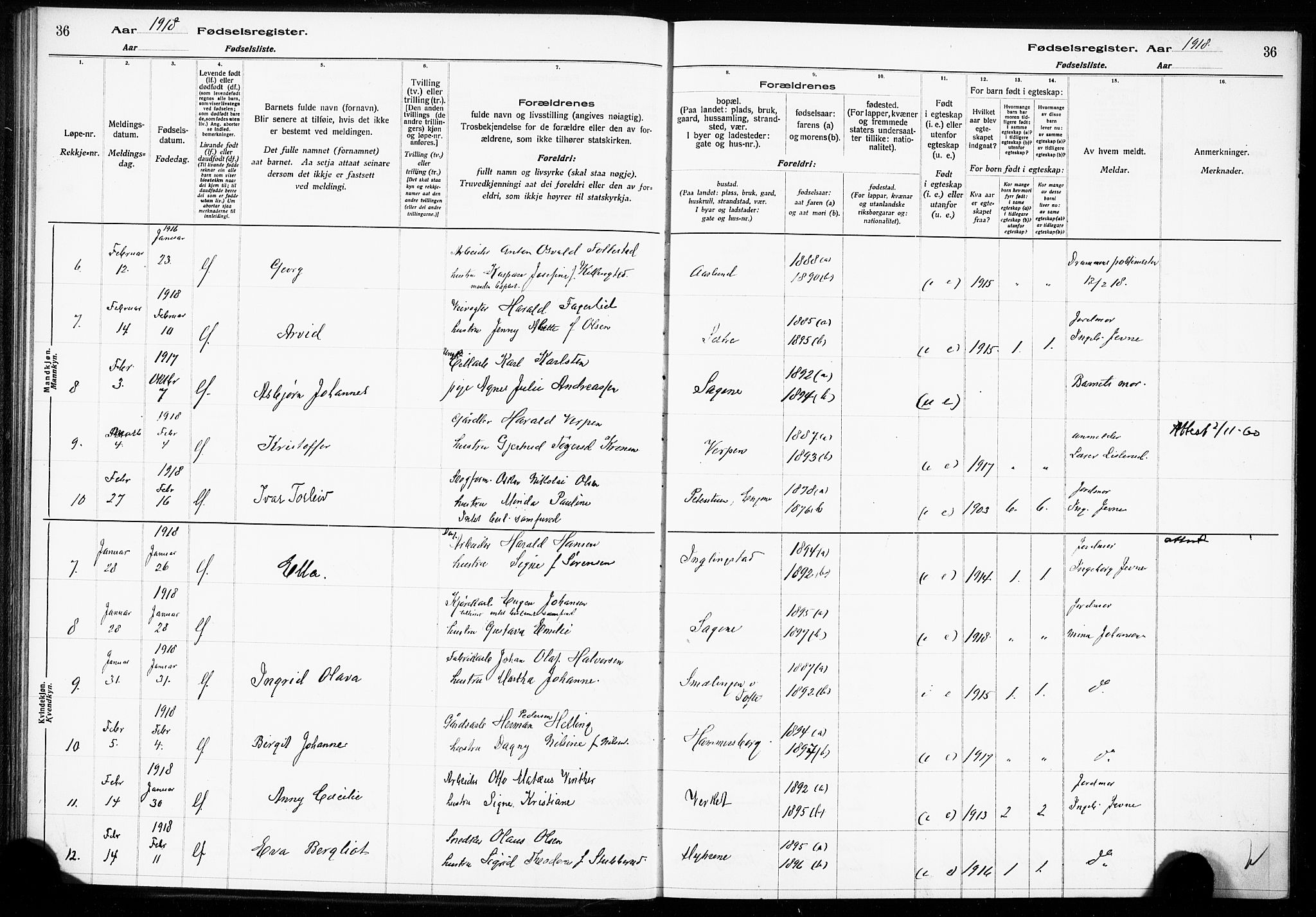 Hurum kirkebøker, AV/SAKO-A-229/J/Ja/L0001: Birth register no. 1, 1916-1928, p. 36