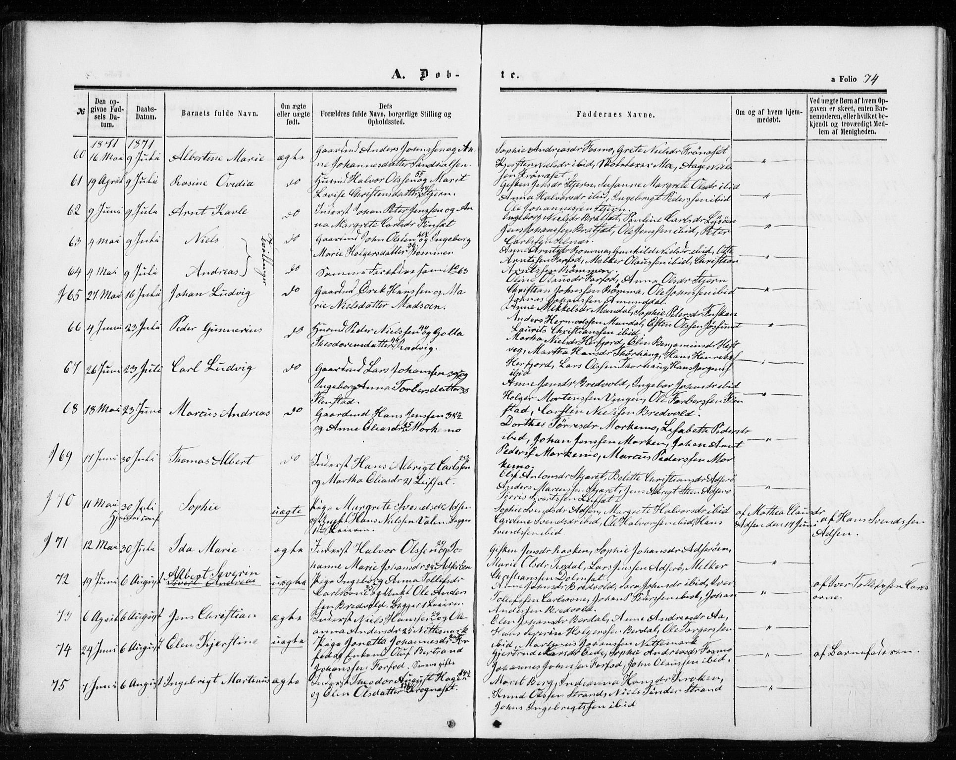 Ministerialprotokoller, klokkerbøker og fødselsregistre - Sør-Trøndelag, SAT/A-1456/655/L0678: Parish register (official) no. 655A07, 1861-1873, p. 74