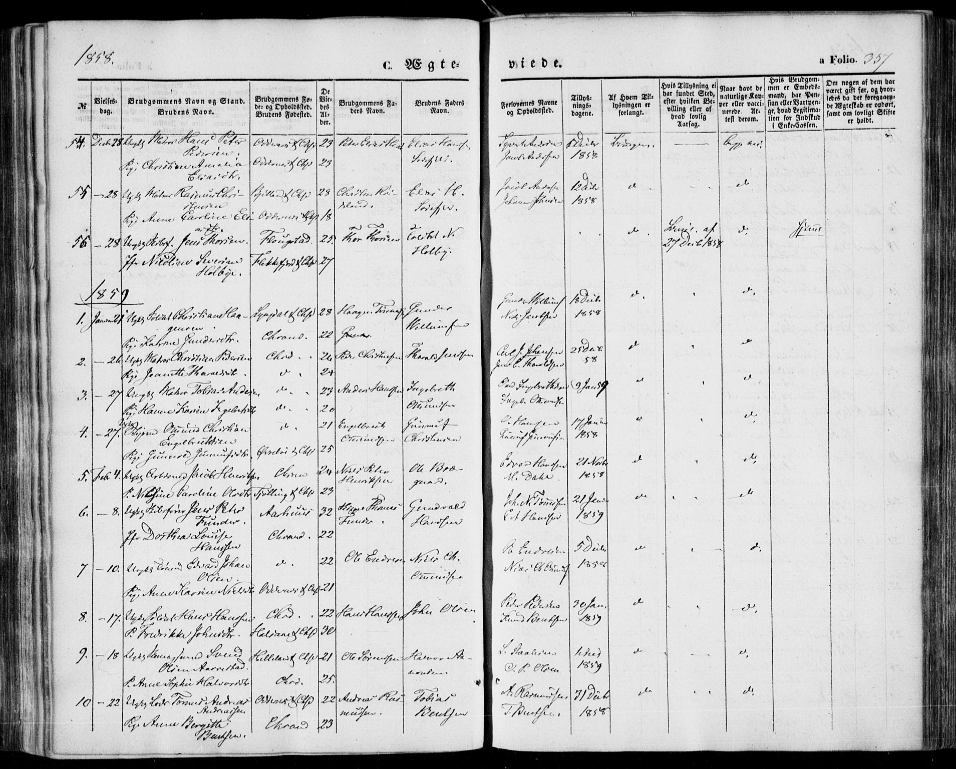 Kristiansand domprosti, SAK/1112-0006/F/Fa/L0014: Parish register (official) no. A 14, 1852-1867, p. 357