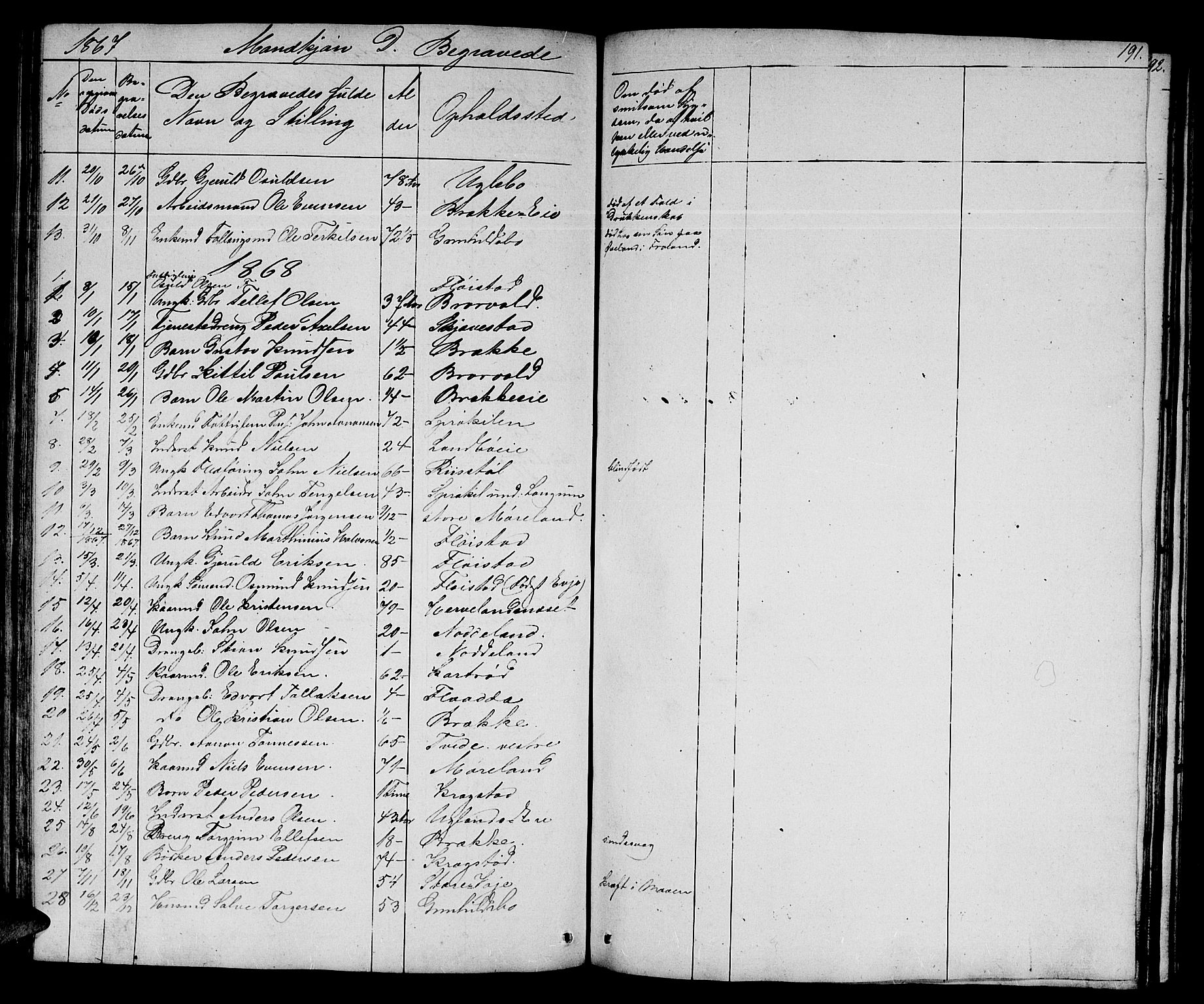 Austre Moland sokneprestkontor, SAK/1111-0001/F/Fb/Fba/L0001: Parish register (copy) no. B 1, 1842-1868, p. 191