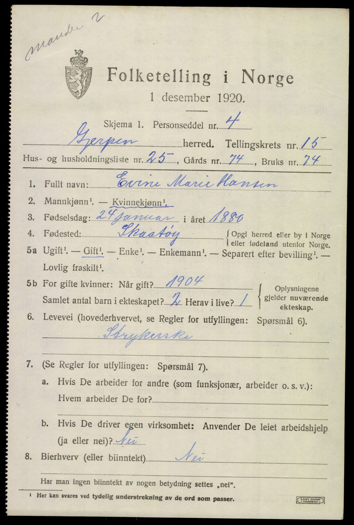 SAKO, 1920 census for Gjerpen, 1920, p. 17528