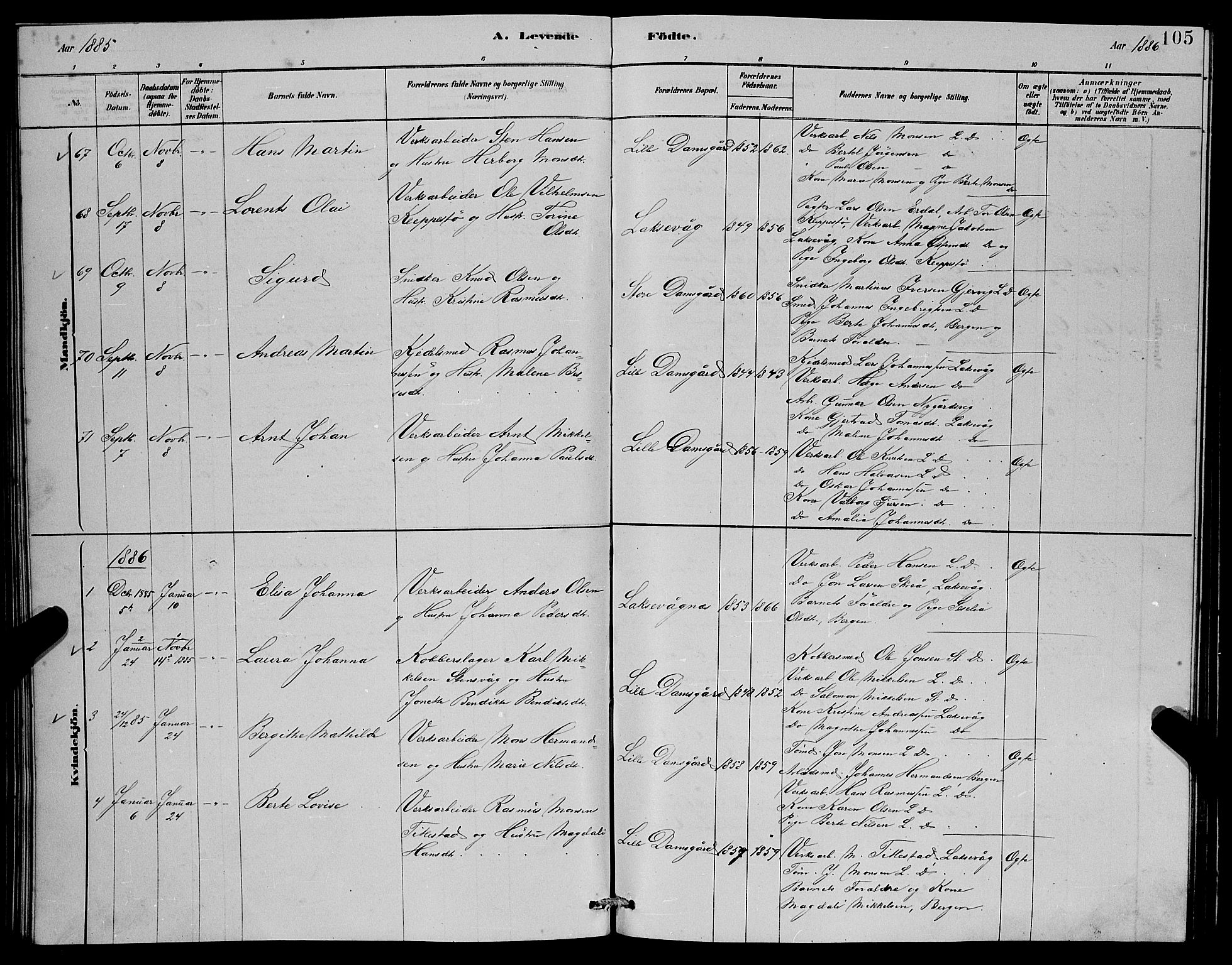Laksevåg Sokneprestembete, AV/SAB-A-76501/H/Ha/Hab/Haba/L0002: Parish register (copy) no. A 2, 1877-1887, p. 105