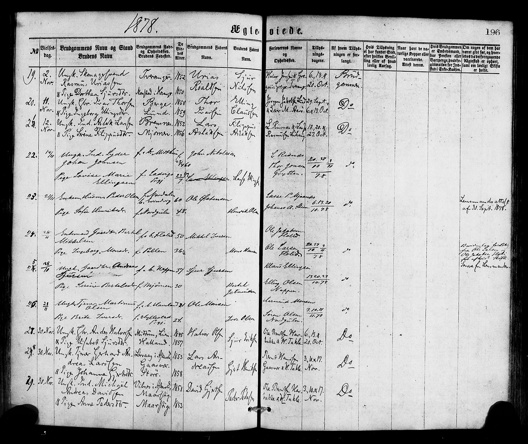 Gulen sokneprestembete, AV/SAB-A-80201/H/Haa/Haaa/L0023: Parish register (official) no. A 23, 1870-1880, p. 196