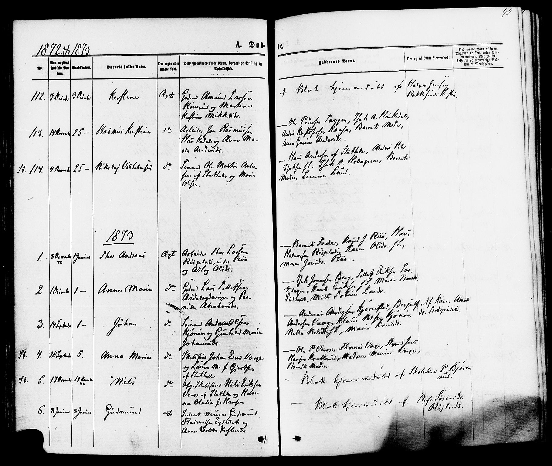 Bamble kirkebøker, SAKO/A-253/F/Fa/L0006: Parish register (official) no. I 6, 1869-1877, p. 42
