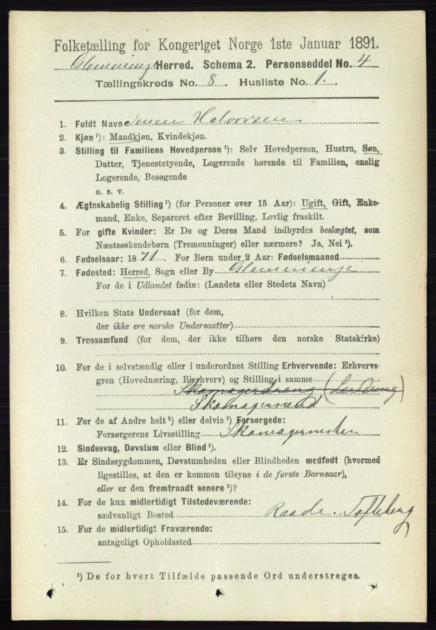 RA, 1891 census for 0132 Glemmen, 1891, p. 9309