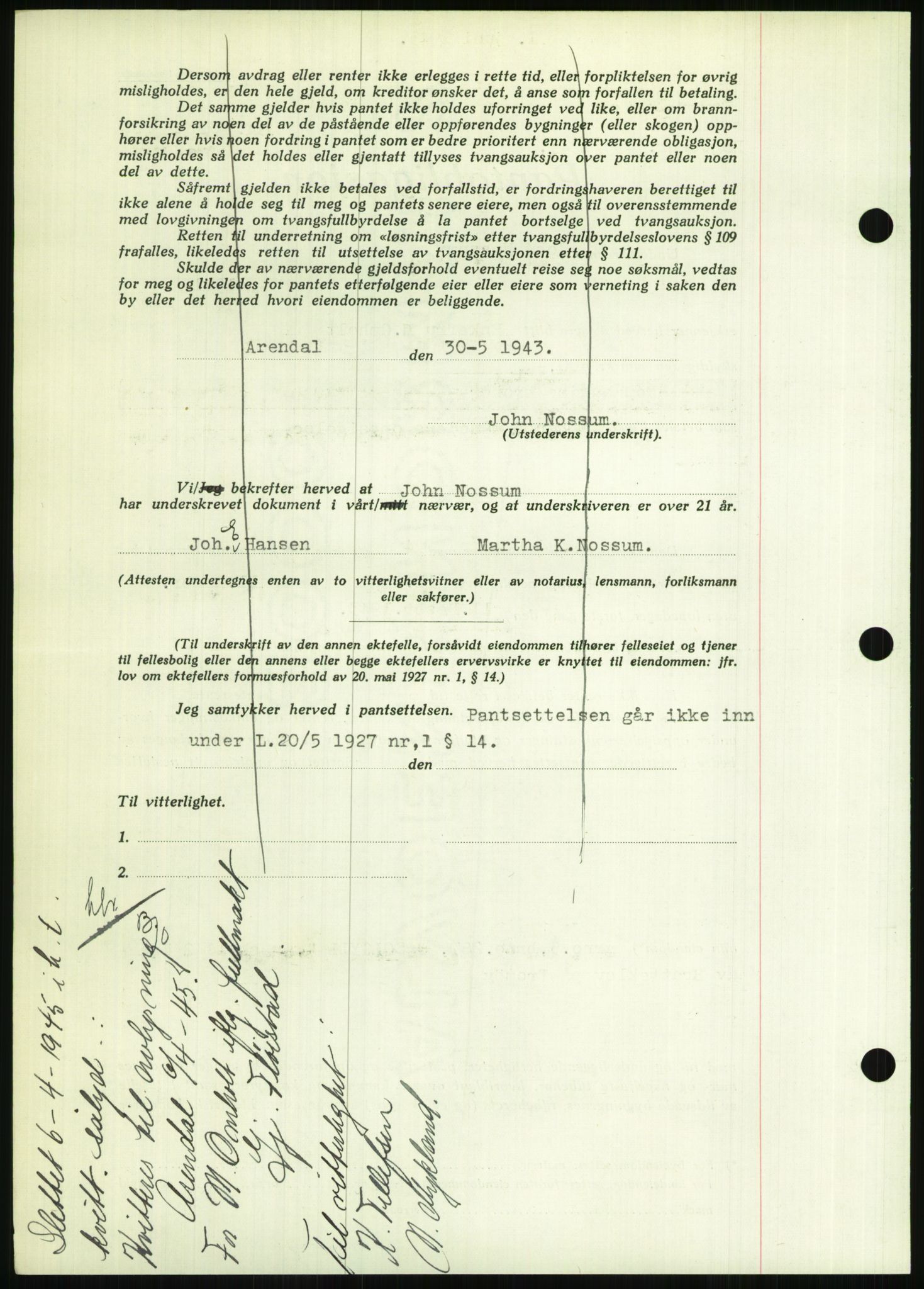 Nedenes sorenskriveri, AV/SAK-1221-0006/G/Gb/Gbb/L0002: Mortgage book no. II, 1942-1945, Diary no: : 496/1943