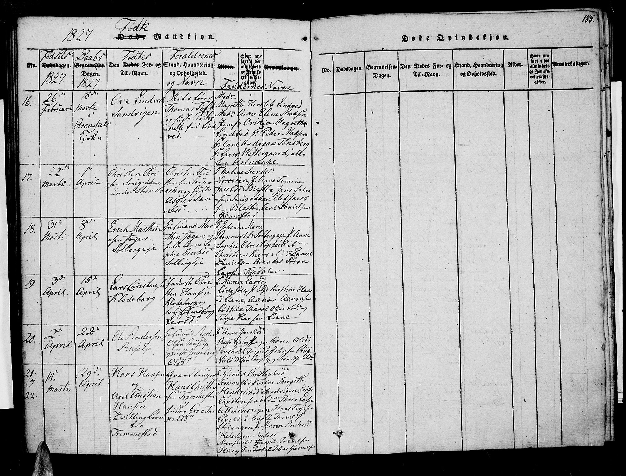 Øyestad sokneprestkontor, AV/SAK-1111-0049/F/Fa/L0012: Parish register (official) no. A 12, 1816-1827, p. 185